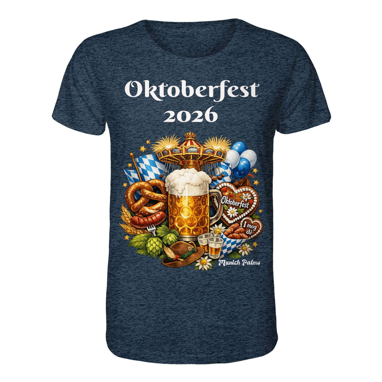 Unisex-Oktoberfest 2026 München Bio-Shirt in dunklem Heather-Blau mit Oktoberfest-Design, vorne sichtbar
