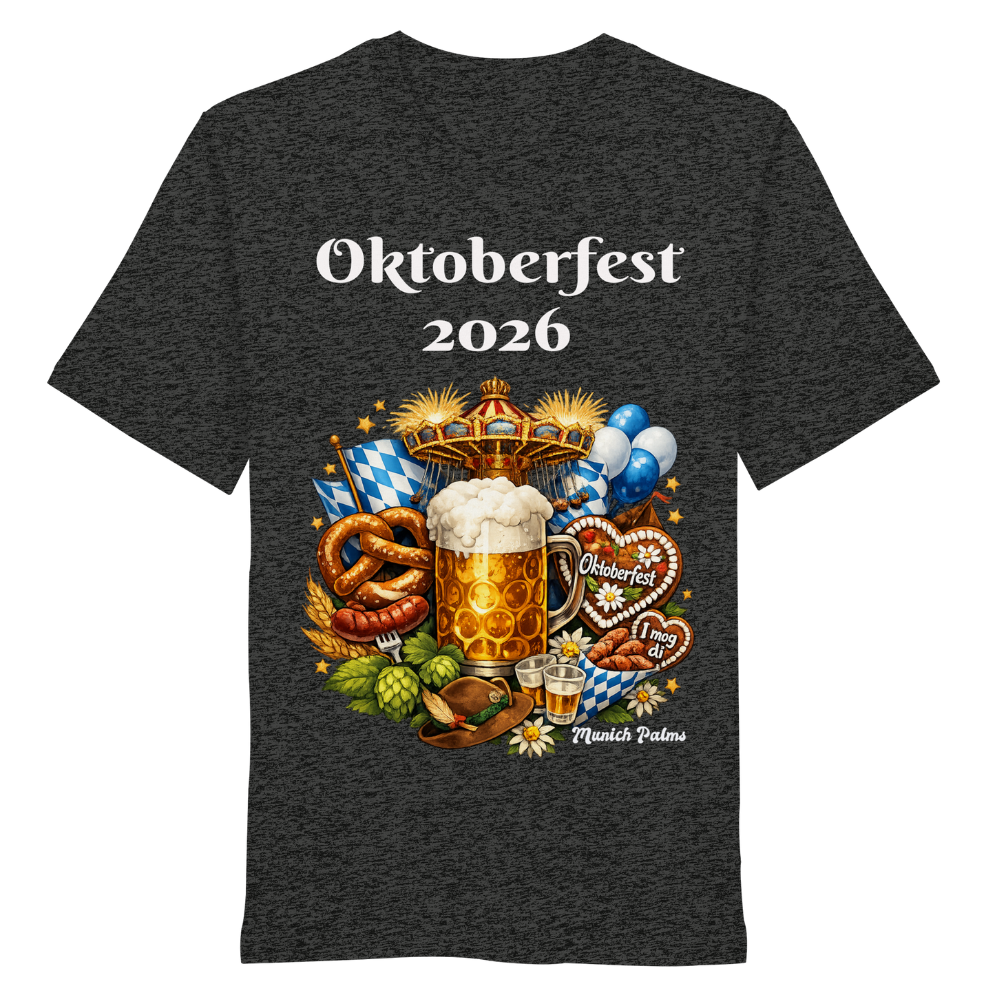 Unisex-Oktoberfest 2026 München Bio-Shirt in dunklem Heather-Grau, vorne sichtbar, mit Oktoberfest-Design.