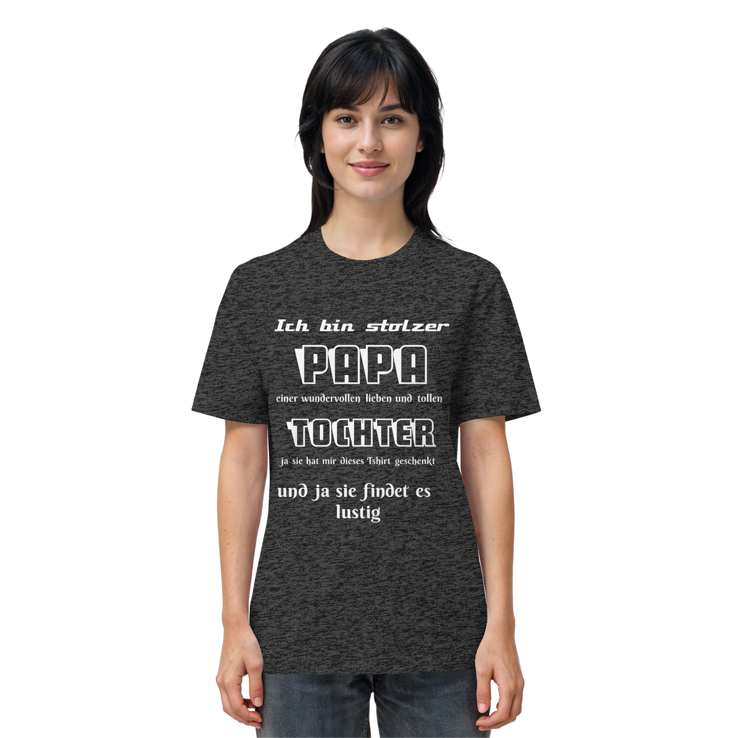Unisex Bio-Shirt in Dunkelgrau mit Aufdruck "Ich bin stolzer Papa einer wundervollen Tochter" von Online Kaufhaus München.