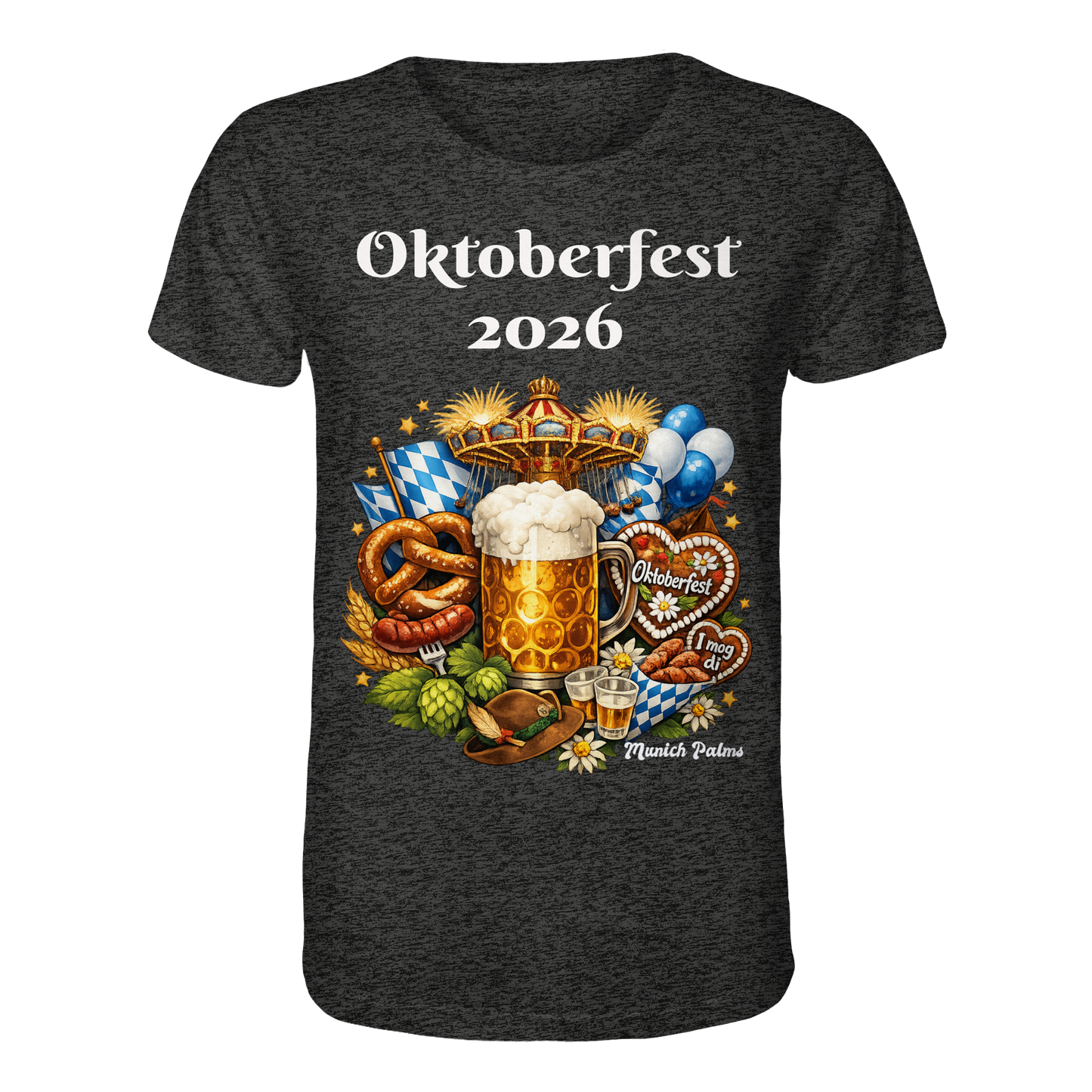 Unisex-Oktoberfest 2026 Munich Bio-Shirt in dunkelgrau, Vorderansicht, bequemes, nachhaltiges Kleidungsstück mit Oktoberfest-Design.