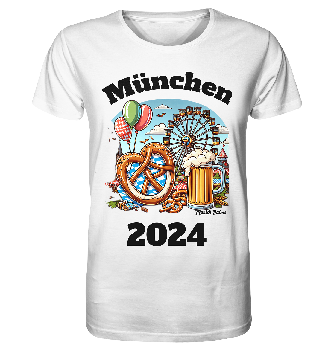 München 2024 mit Volksfest ,Frühlingsfest,Kirmes,Oktoberfest -Design Munich Palms -auch mit dem Namen Deiner Stadt - Organic Shirt