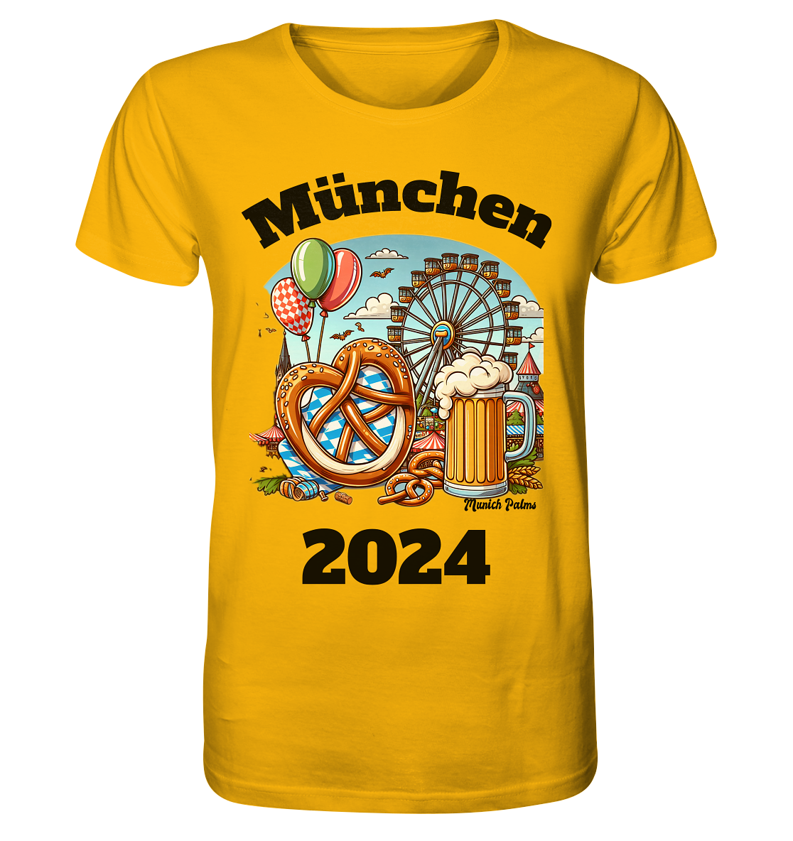 München 2024 mit Volksfest ,Frühlingsfest,Kirmes,Oktoberfest -Design Munich Palms -auch mit dem Namen Deiner Stadt - Organic Shirt