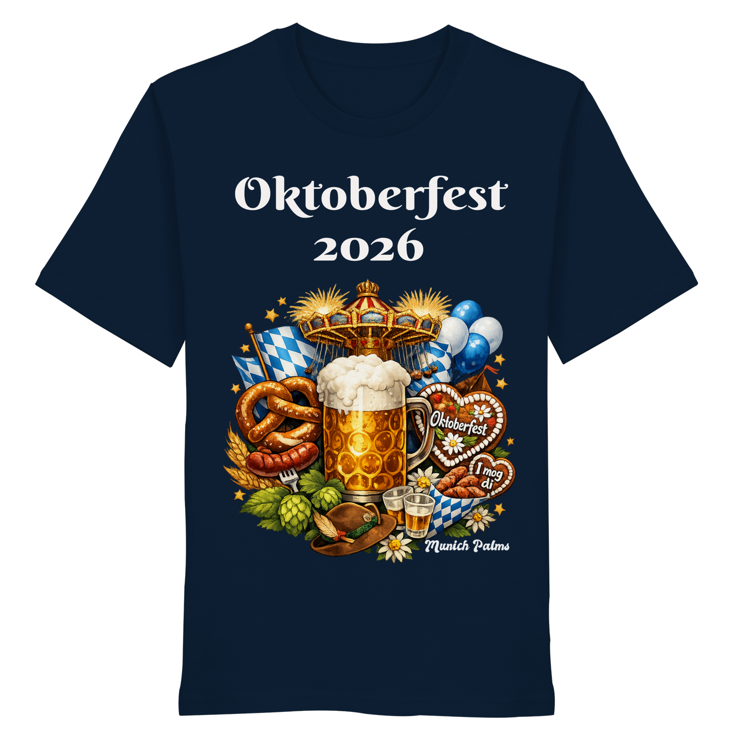 Unisex-Organic-Shirt mit Oktoberfest 2026 München Design in French Navy, vorne sichtbar, bequemes Bio-Baumwollmaterial