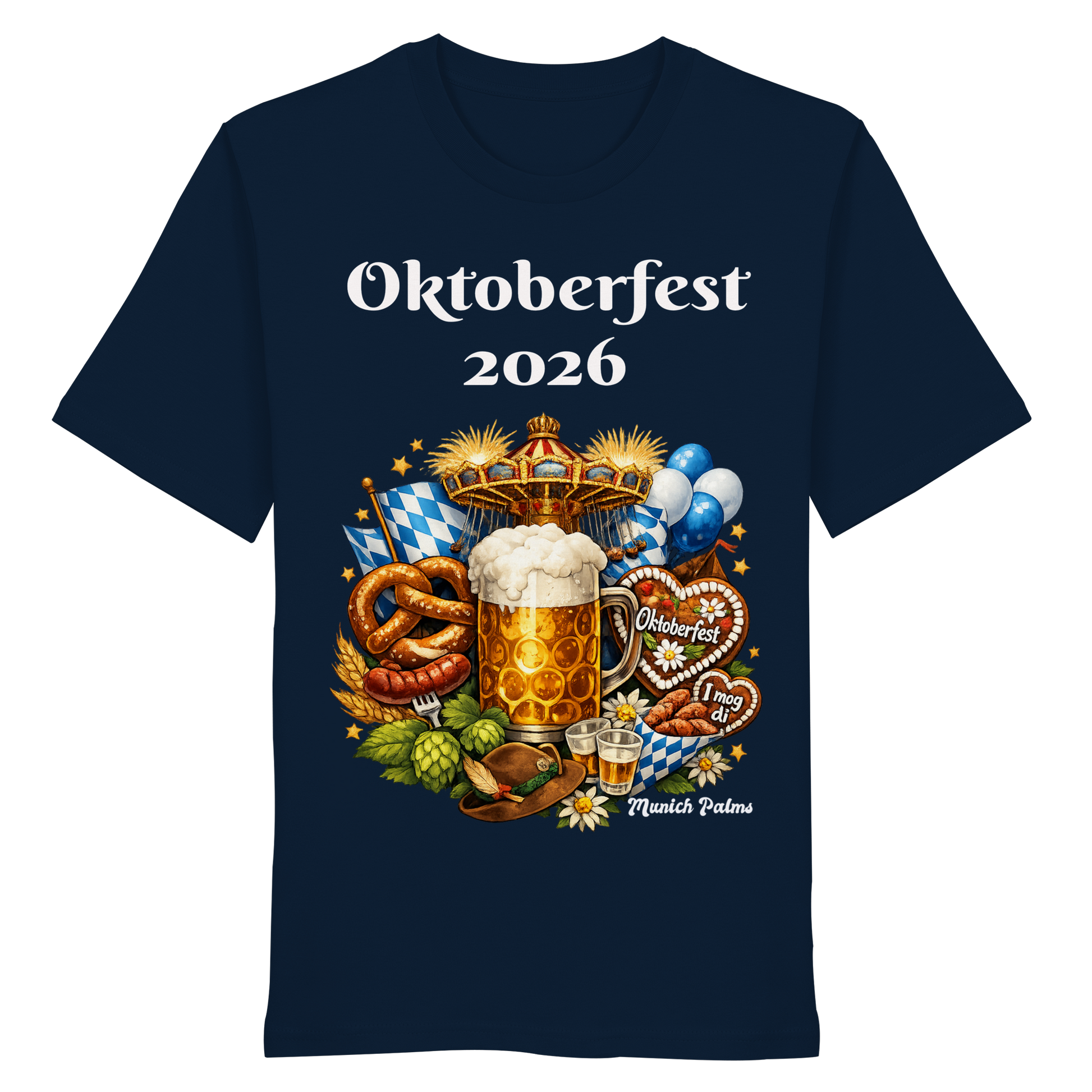 Unisex-Organic-Shirt mit Oktoberfest 2026 München Design in French Navy, vorne sichtbar, bequemes Bio-Baumwollmaterial