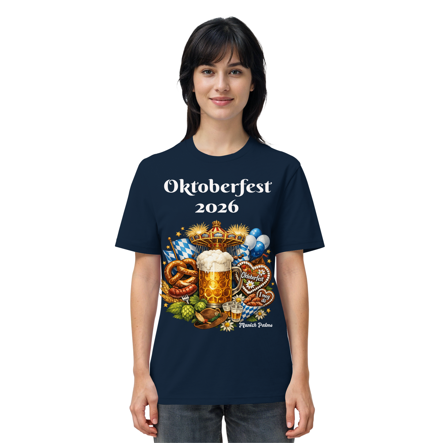Unisex-Organisches Oktoberfest 2026 T-Shirt in French Navy mit Munich Design, vorne sichtbar.