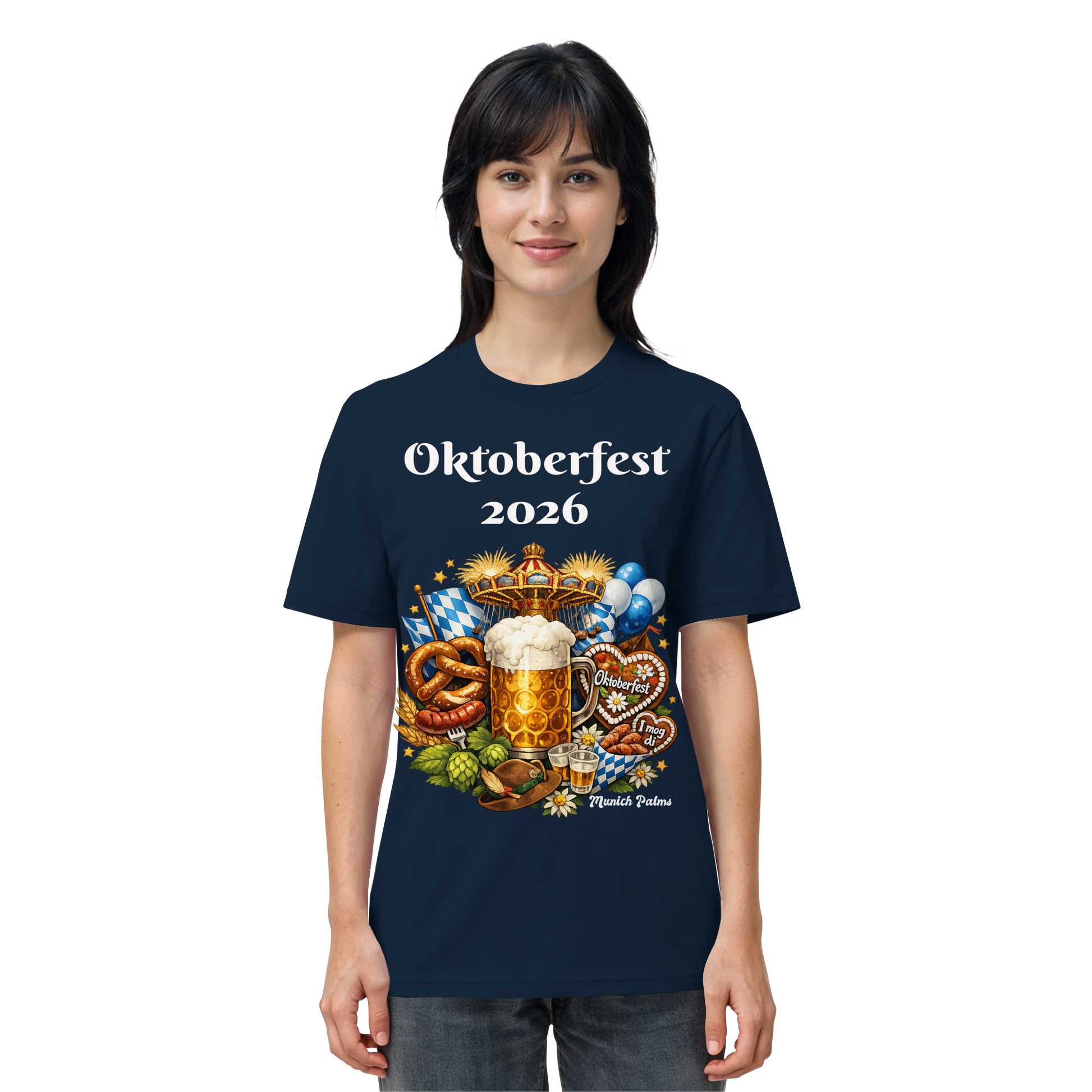 Unisex-Organisches Oktoberfest 2026 T-Shirt in French Navy mit Munich Design, vorne sichtbar.