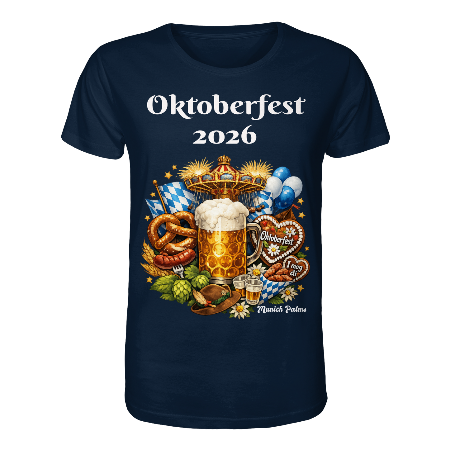 Unisex-Organic-Shirt mit Oktoberfest 2026 München Design in French Navy, vorneansicht, nachhaltige Baumwolle, bequem und stilvoll