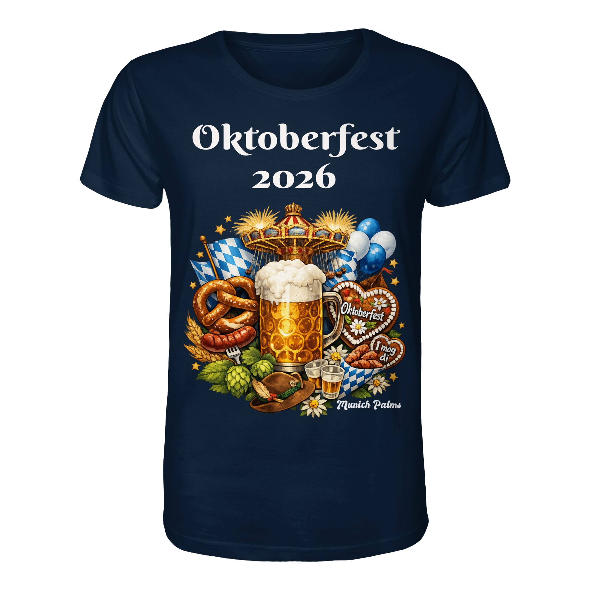 Unisex-Organic-Shirt mit Oktoberfest 2026 München Design in French Navy, vorneansicht, nachhaltige Baumwolle, bequem und stilvoll
