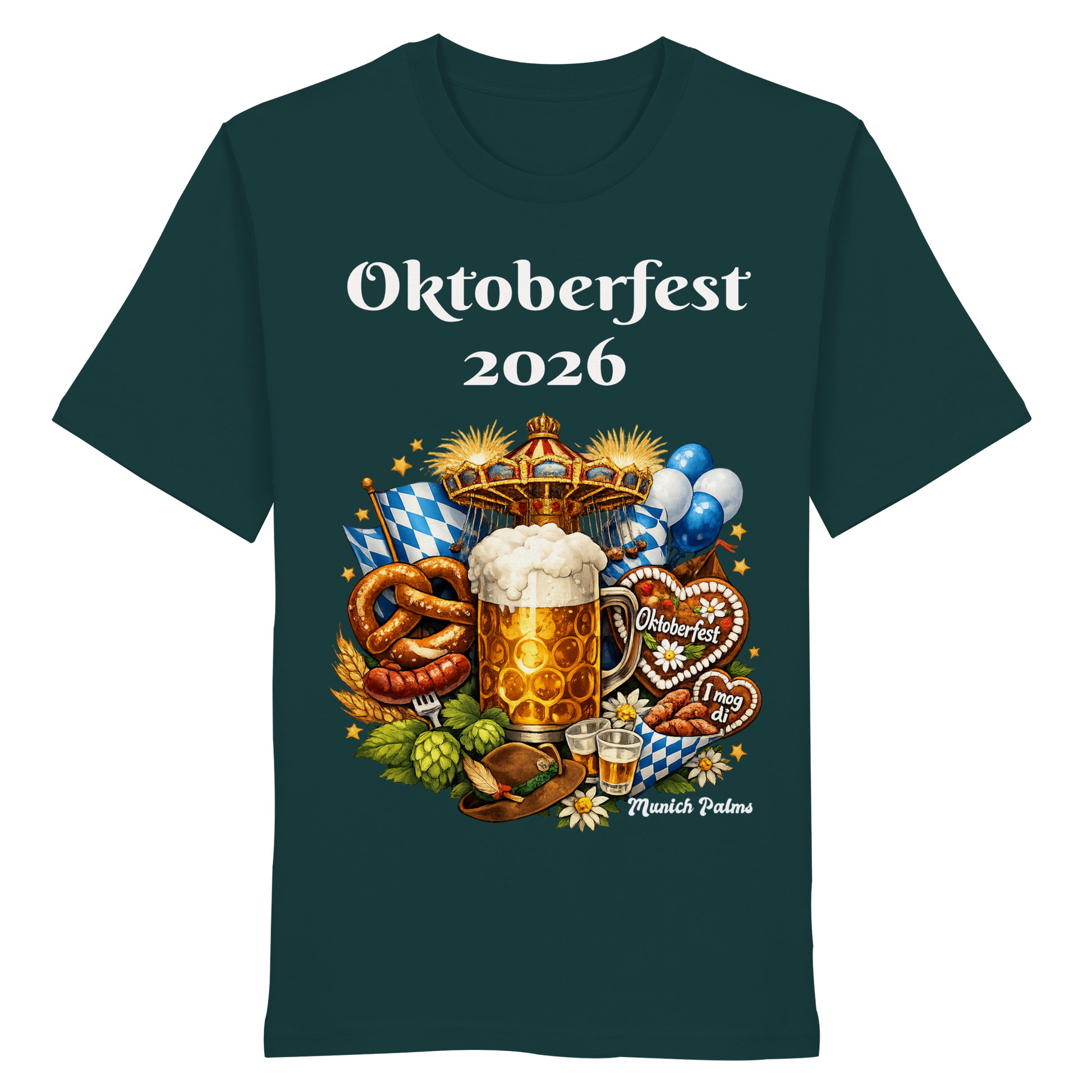 Unisex-Organisches Oktoberfest 2026 München Design T-Shirt in glänzend grün, vorne sichtbar, von Online Kaufhaus München