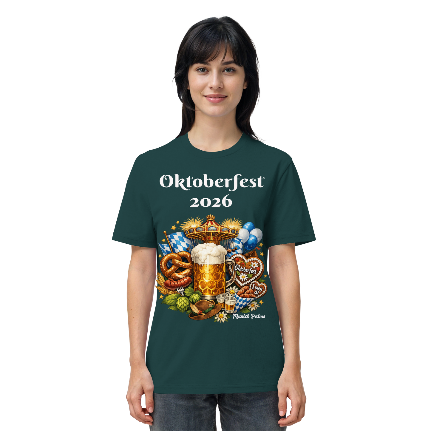 Unisex-Oktoberfest 2026 München Bio-Shirt in glänzendem Grün, mit Oktoberfest-Design vorne, nachhaltige Baumwolle.