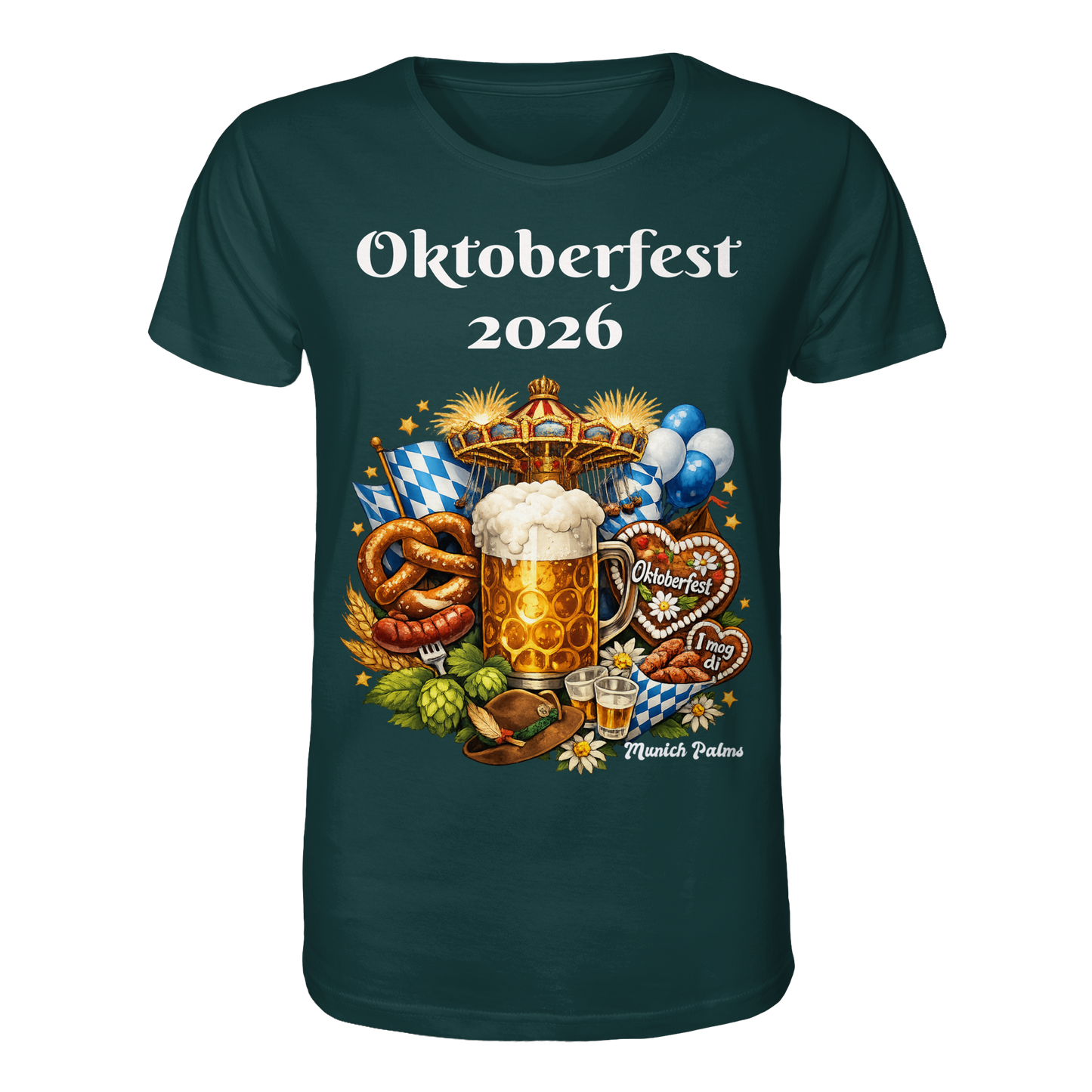 Unisex-Organic-Shirt mit Oktoberfest 2026 München Design in gläzendem Grün, Frontansicht, von Online Kaufhaus München