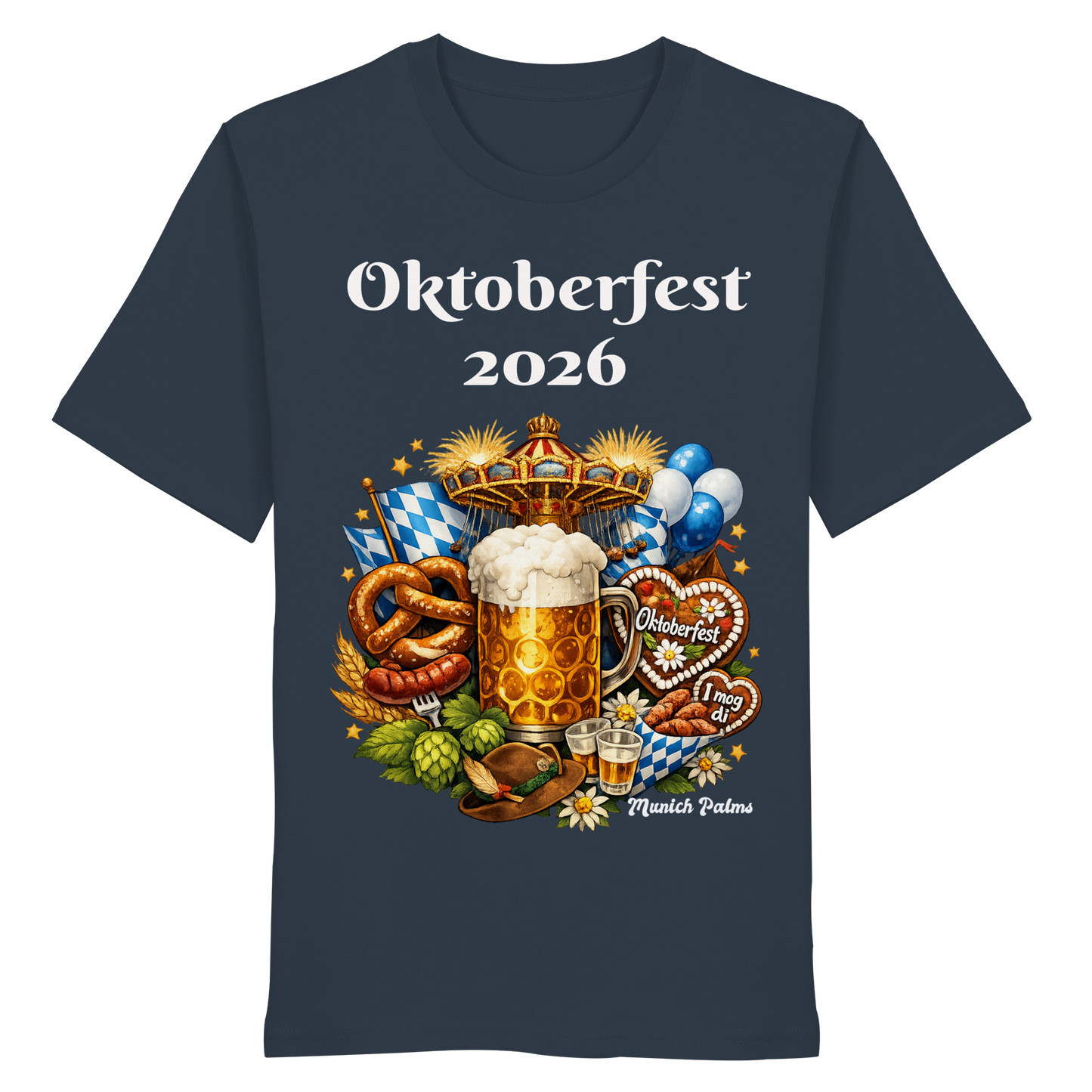 Unisex-Oktoberfest 2026 Munich Design Bio-Shirt in Grau mit India-Ink-Print, frontansicht