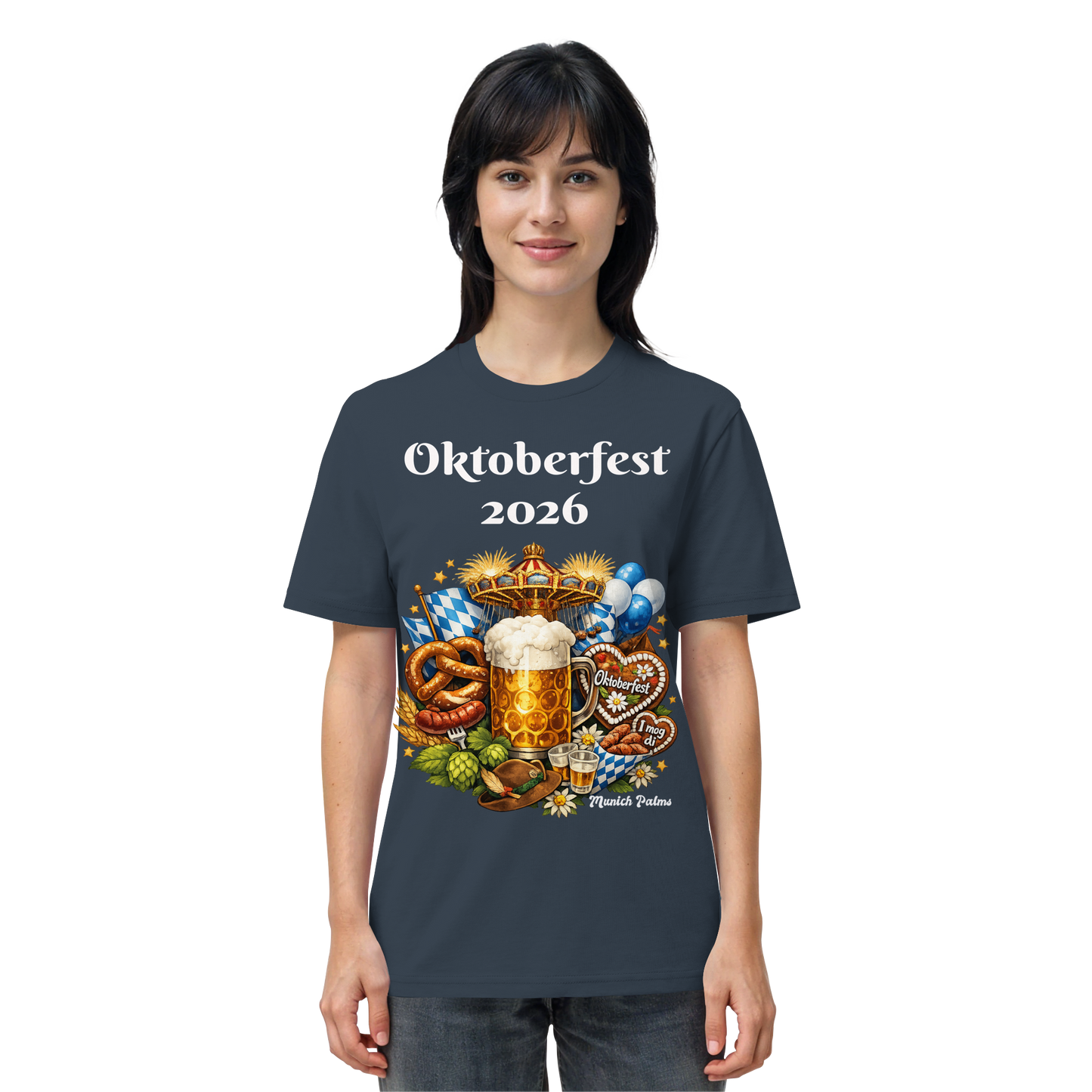 Unisex-Oktoberfest 2026 Munich Design Bio-Shirt in Grau mit Druck, Vorderseite, Online Kaufhaus München