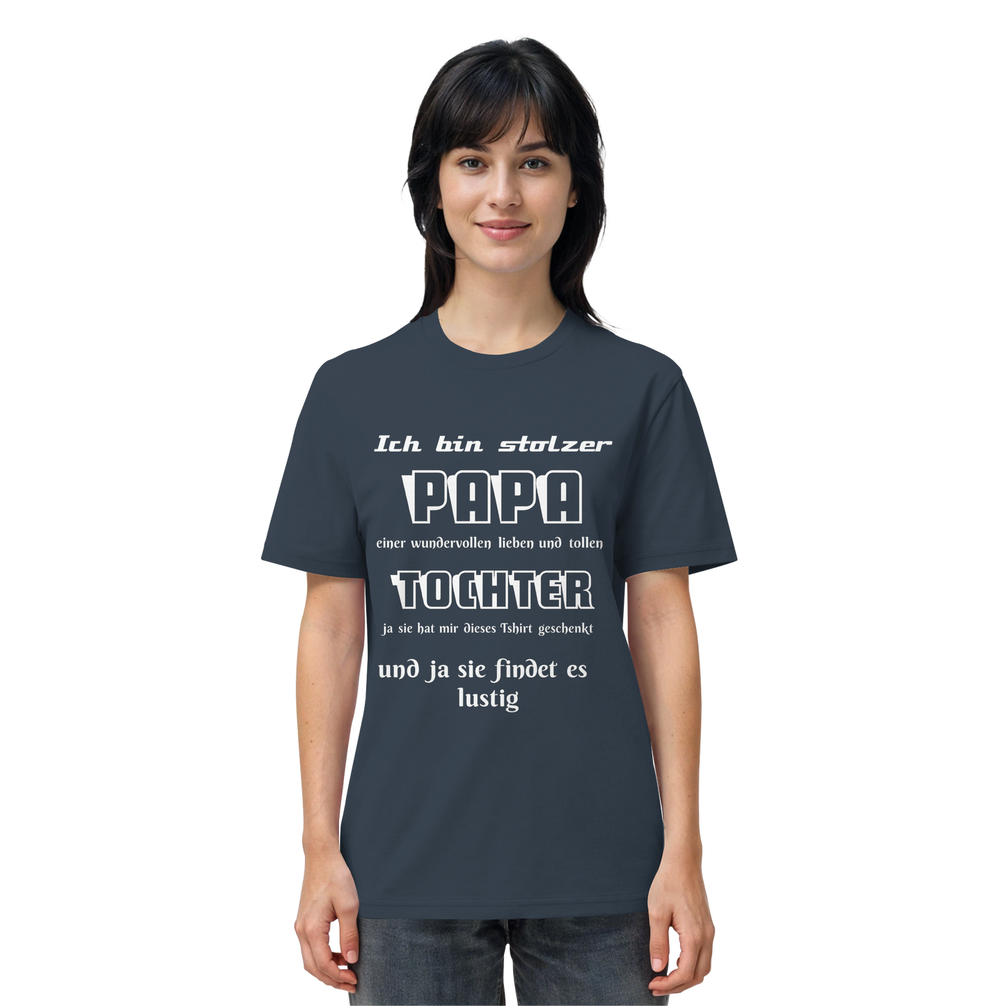 Unisex-Organic-Shirt mit Aufdruck "Ich bin stolzer Papa einer wundervollen Tochter" in Grau, Vorderansicht, India Ink Design.