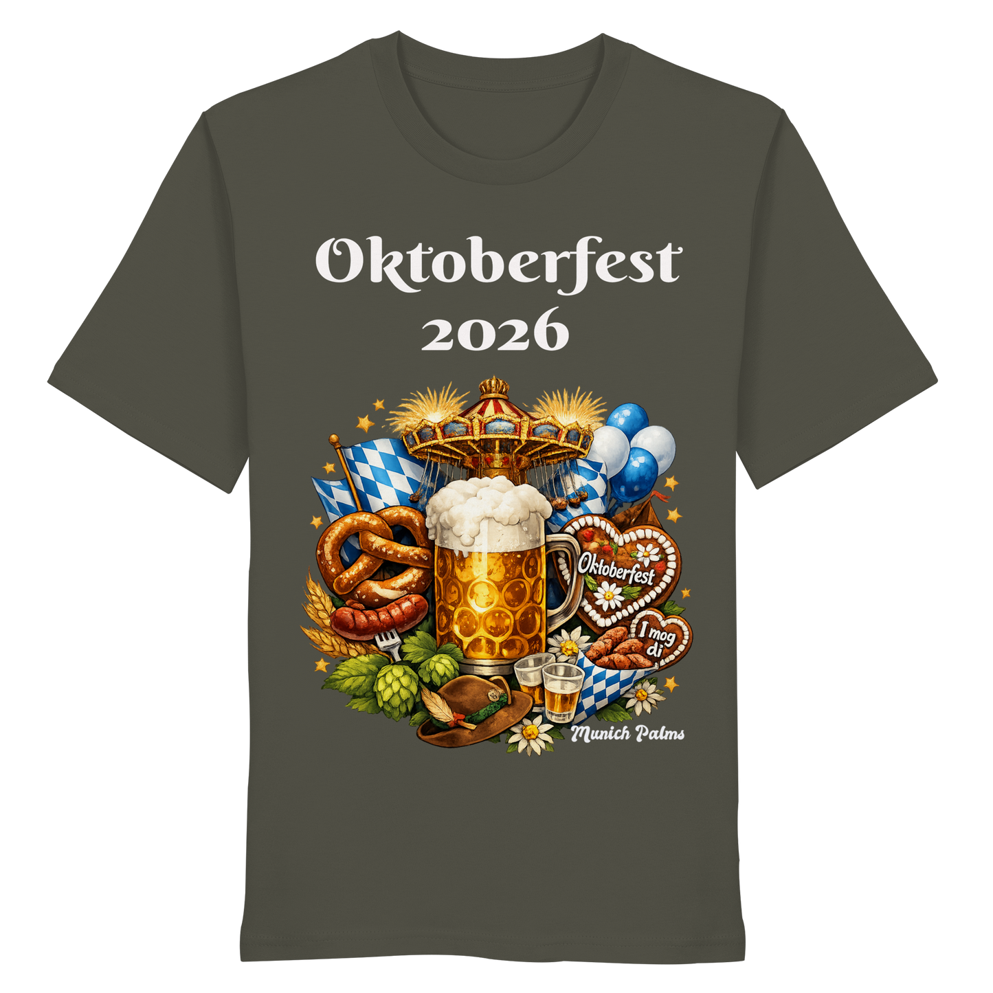 Unisex-Organic-Shirt mit Oktoberfest 2026 München Design in Khaki, Vorderansicht, nachhaltiges Mode-Design