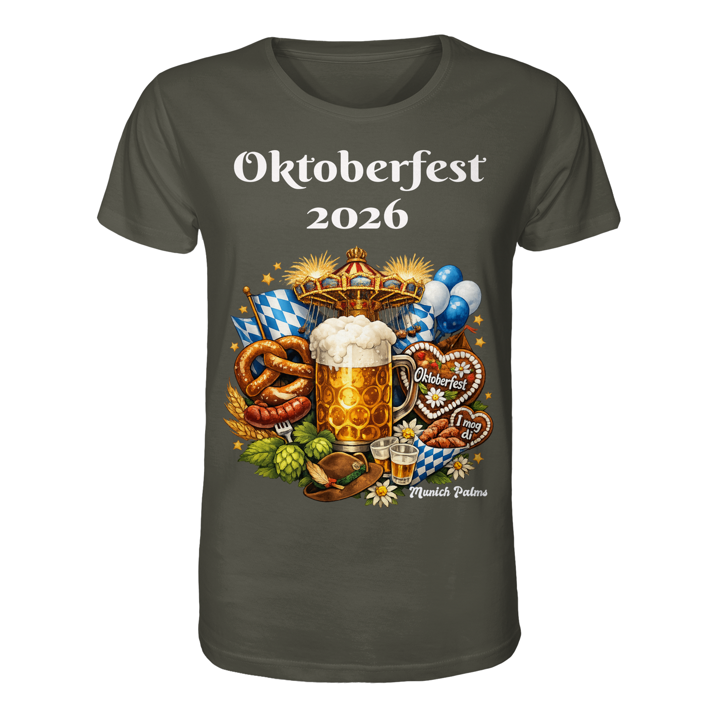 Unisex-Organic-Shirt mit Oktoberfest 2026 München Design in Khaki, frontansicht, bequemes Bio-T-Shirt von Online Kaufhaus München