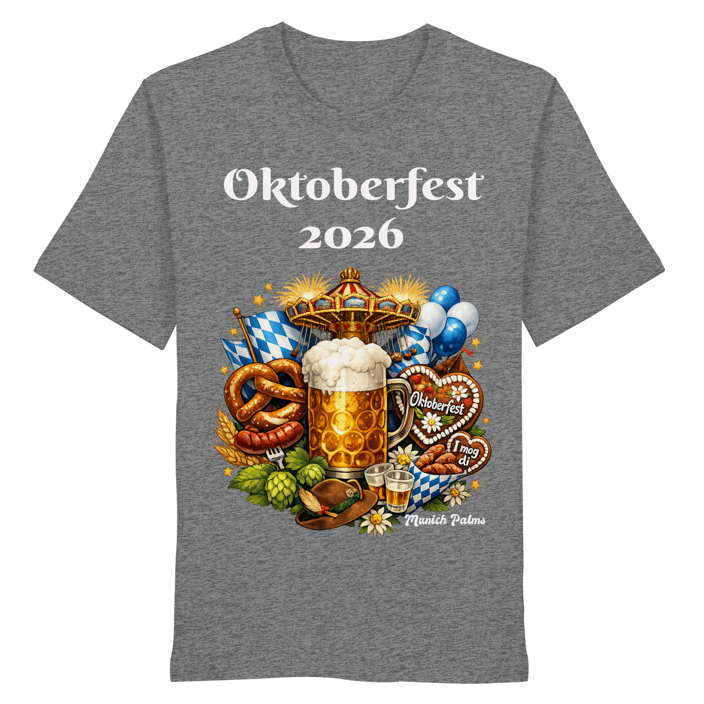 Unisex-Organisches T-Shirt mit Oktoberfest 2026 München Design in Hellgrau, frontale Ansicht, bequemer Schnitt.