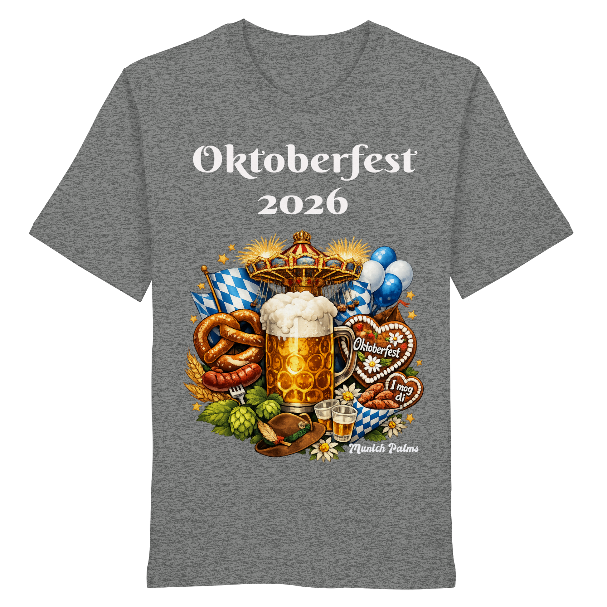 Unisex-Organisches T-Shirt mit Oktoberfest 2026 München Design in Hellgrau, frontale Ansicht, bequemer Schnitt.