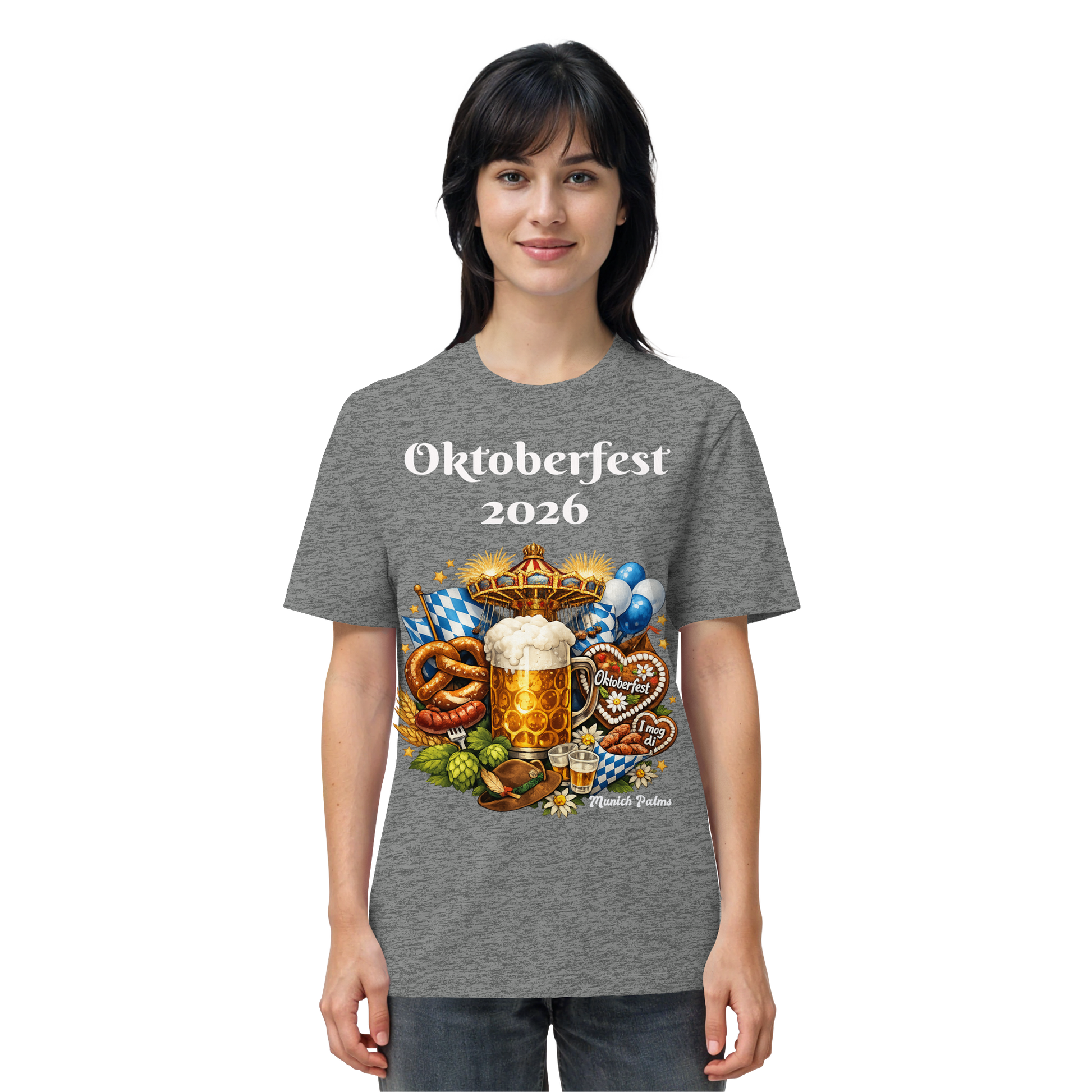 Unisex-Organic-Shirt mit Oktoberfest 2026 Munich Design in hellgrau, Vorderseite, bequemes Trachten-Shirt von Online Kaufhaus München