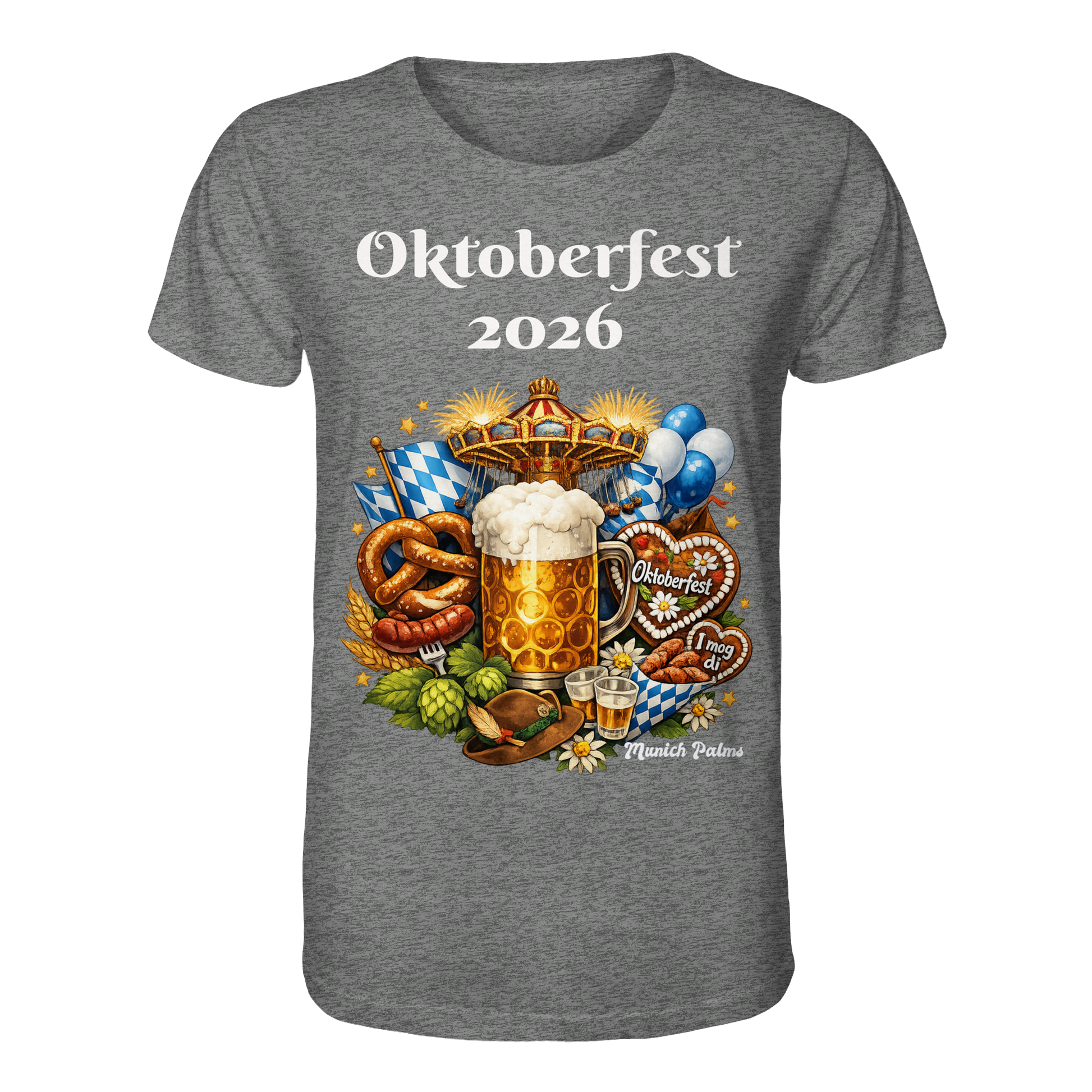 Unisex-Oktoberfest 2026 München Bio-Shirt, graues Heather, Frontansicht, nachhaltiges Design, bequem und stilvoll