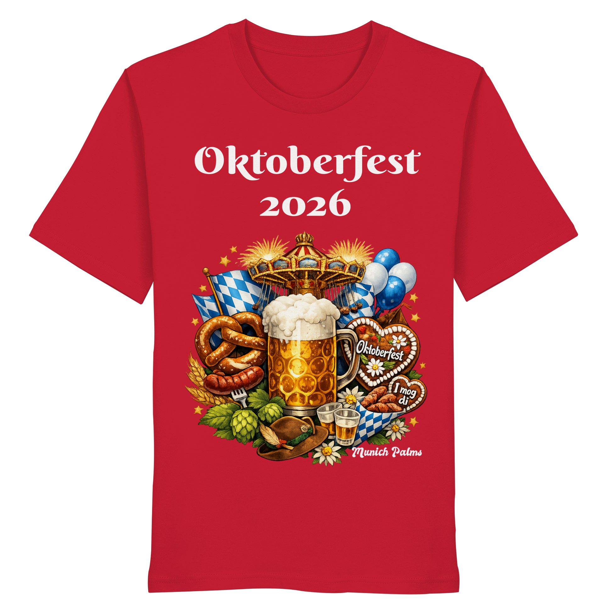 Rotes Unisex-Organic-Shirt mit Oktoberfest 2026 München Design, Frontansicht, bequemes Tragegefühl, nachhaltige Mode von Online Kaufhaus München