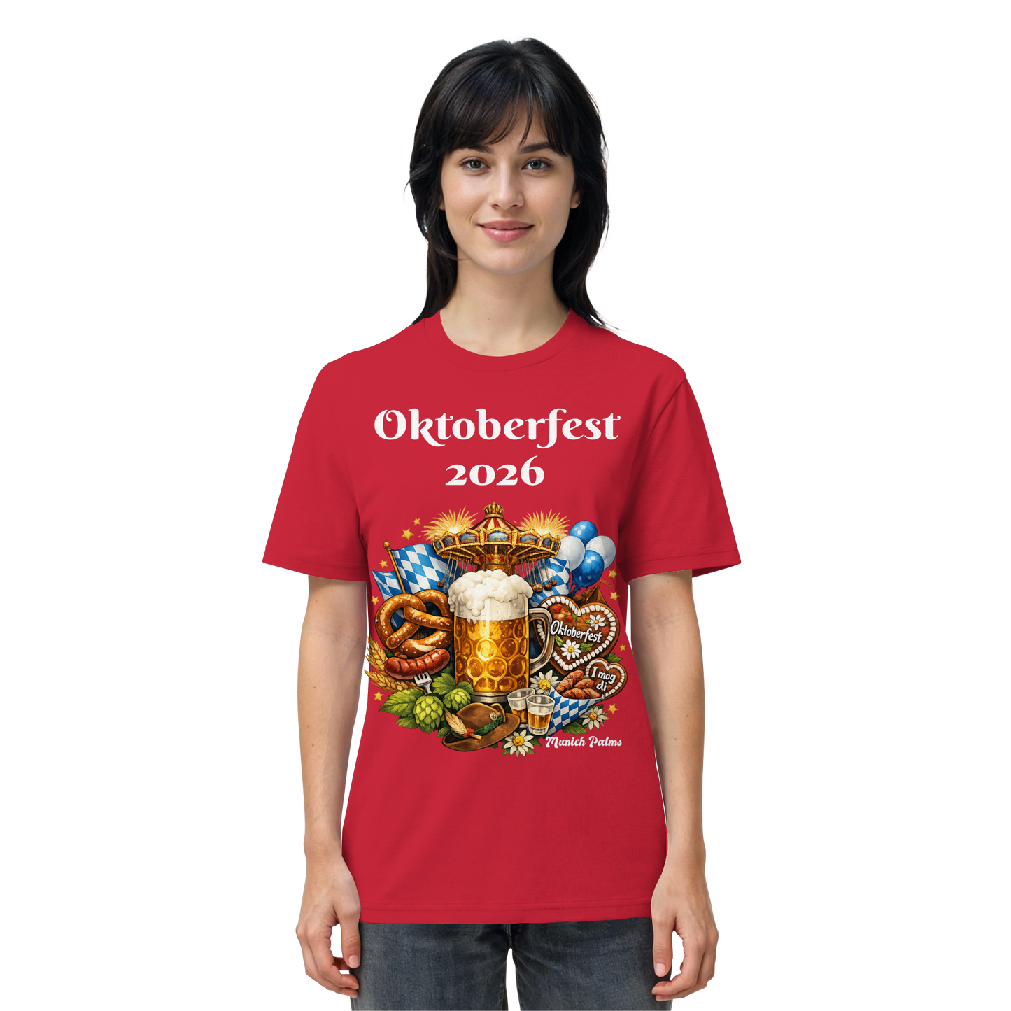Unisex-Organic-Shirt mit Oktoberfest 2026 München Design in Rot, Frontansicht, von Online Kaufhaus München
