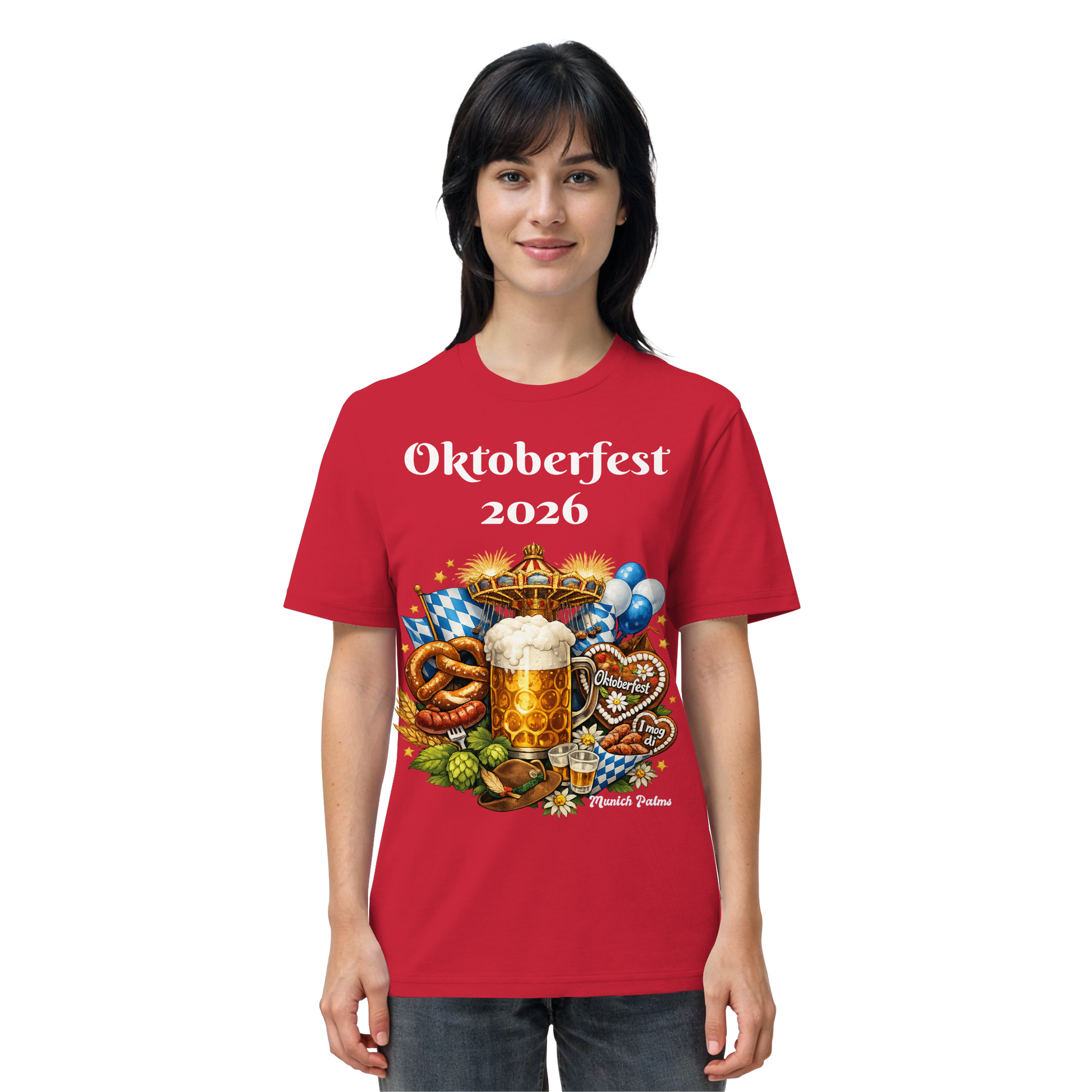 Unisex-Organic-Shirt mit Oktoberfest 2026 München Design in Rot, Frontansicht, von Online Kaufhaus München