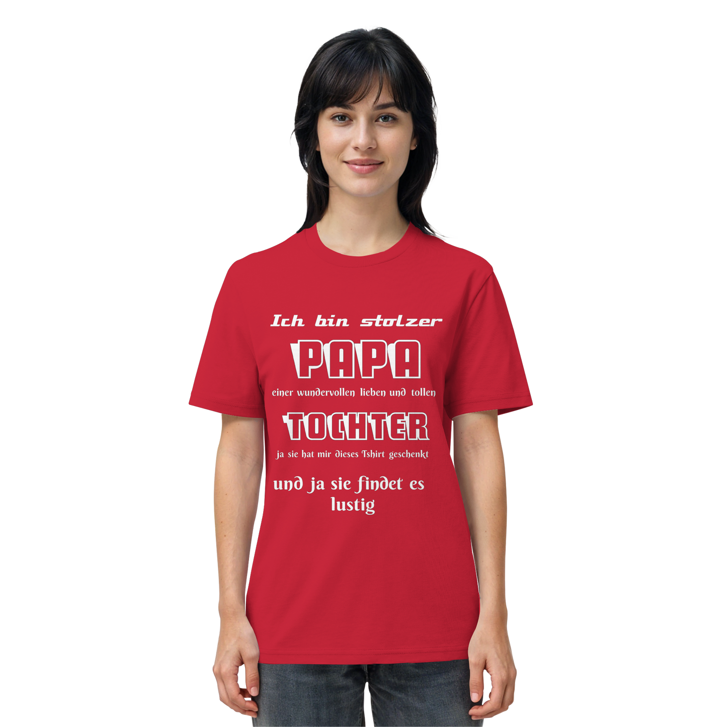 Unisex-Shirts mit Aufdruck "Ich bin stolzer Papa einer wundervollen Tochter" aus Bio-Baumwolle, rotes Shirt, frontale Ansicht