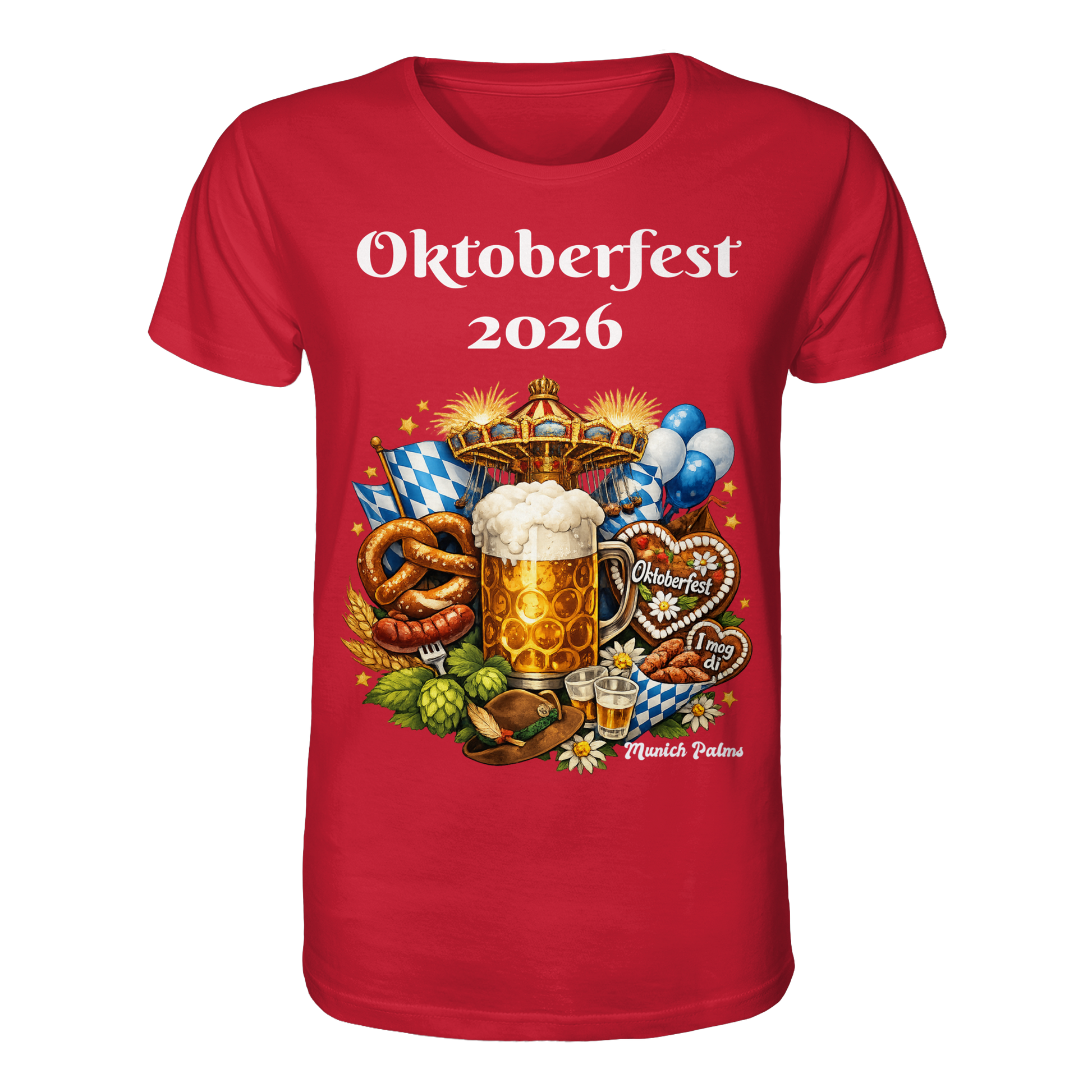 Unisex-Organikshirt mit Oktoberfest 2026 Munich Design in Rot, vorne sichtbar, von Online Kaufhaus München.