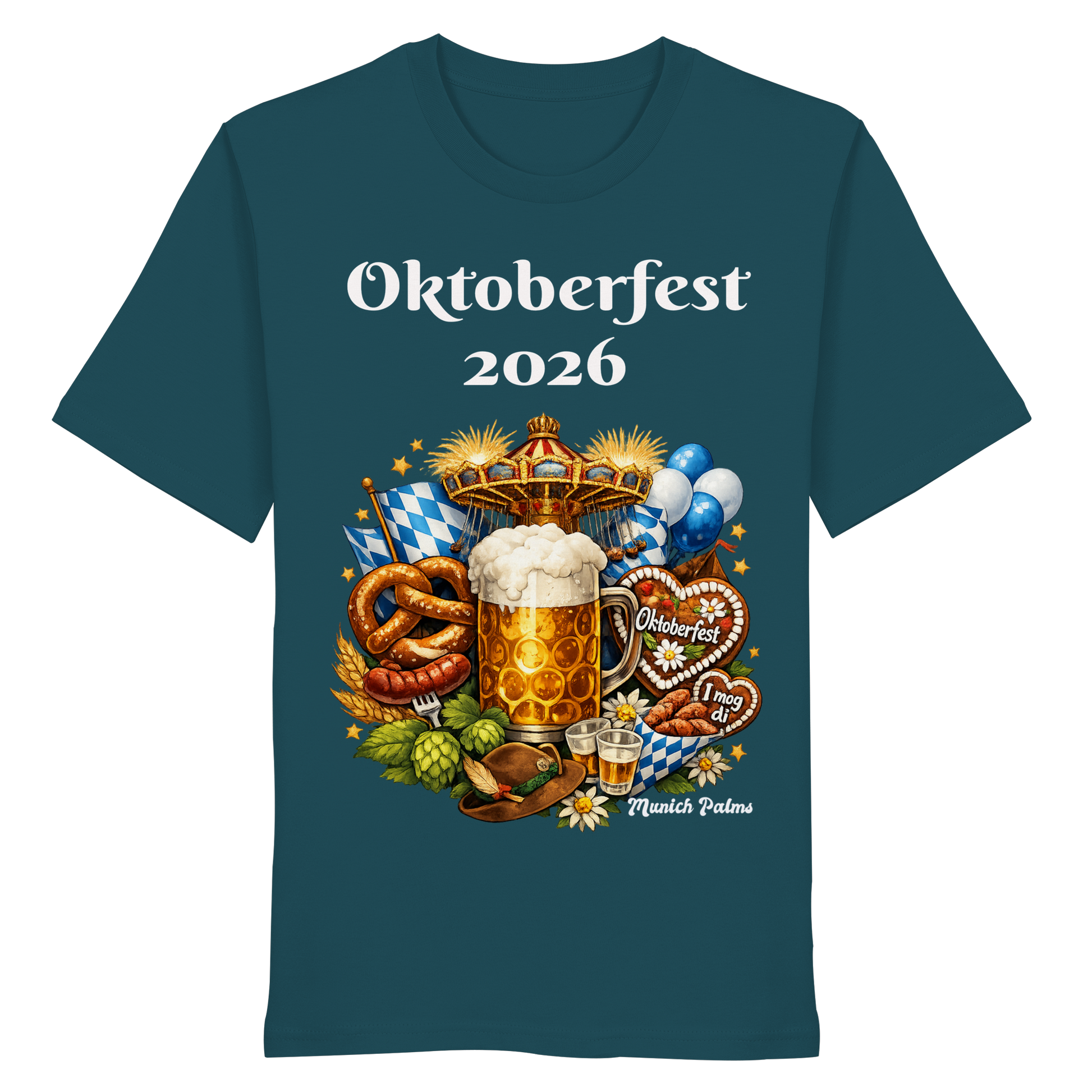 Unisex-Organisches Oktoberfest 2026 München T-Shirt mit Sternenmuster, vorneansicht, bequemes Design, nachhaltige Baumwolle