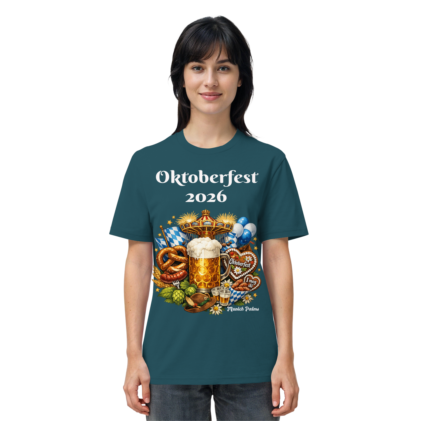 Unisex-Organic-Shirt mit Oktoberfest 2026 München Design, Vorderseite, Stargazer-Motiv, bequemes Trachten-Style, Online Kaufhaus München