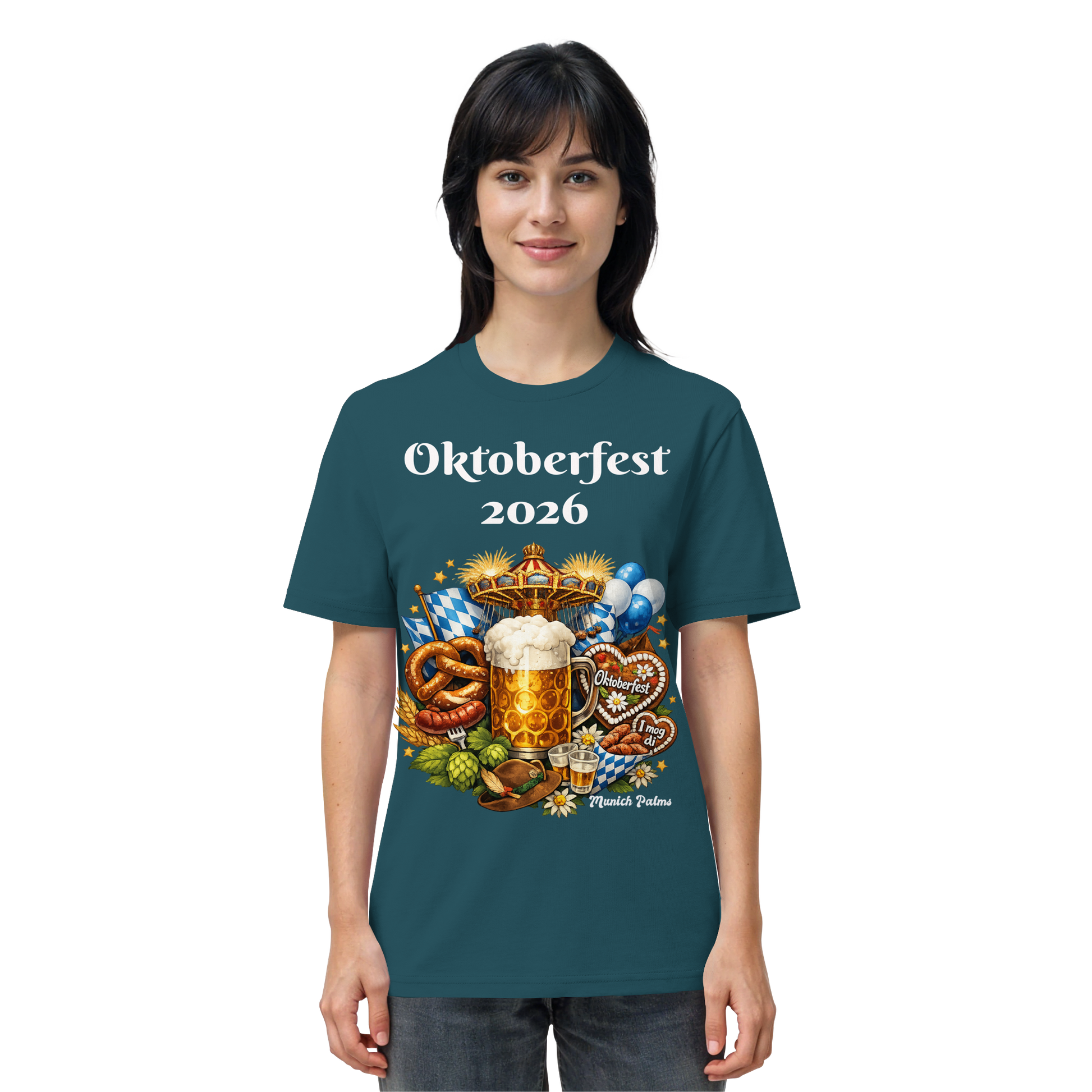 Unisex-Organic-Shirt mit Oktoberfest 2026 München Design, Vorderseite, Stargazer-Motiv, bequemes Trachten-Style, Online Kaufhaus München