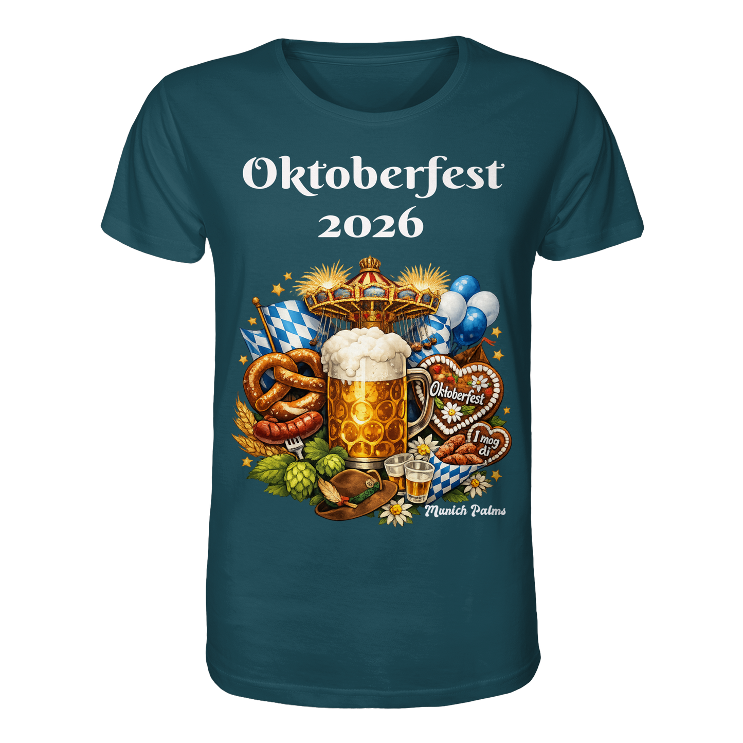 Unisex-Organisches T-Shirt mit Oktoberfest 2026 München Design, Vorderansicht, Stargazer-Motiv, nachhaltige Mode von Online Kaufhaus München