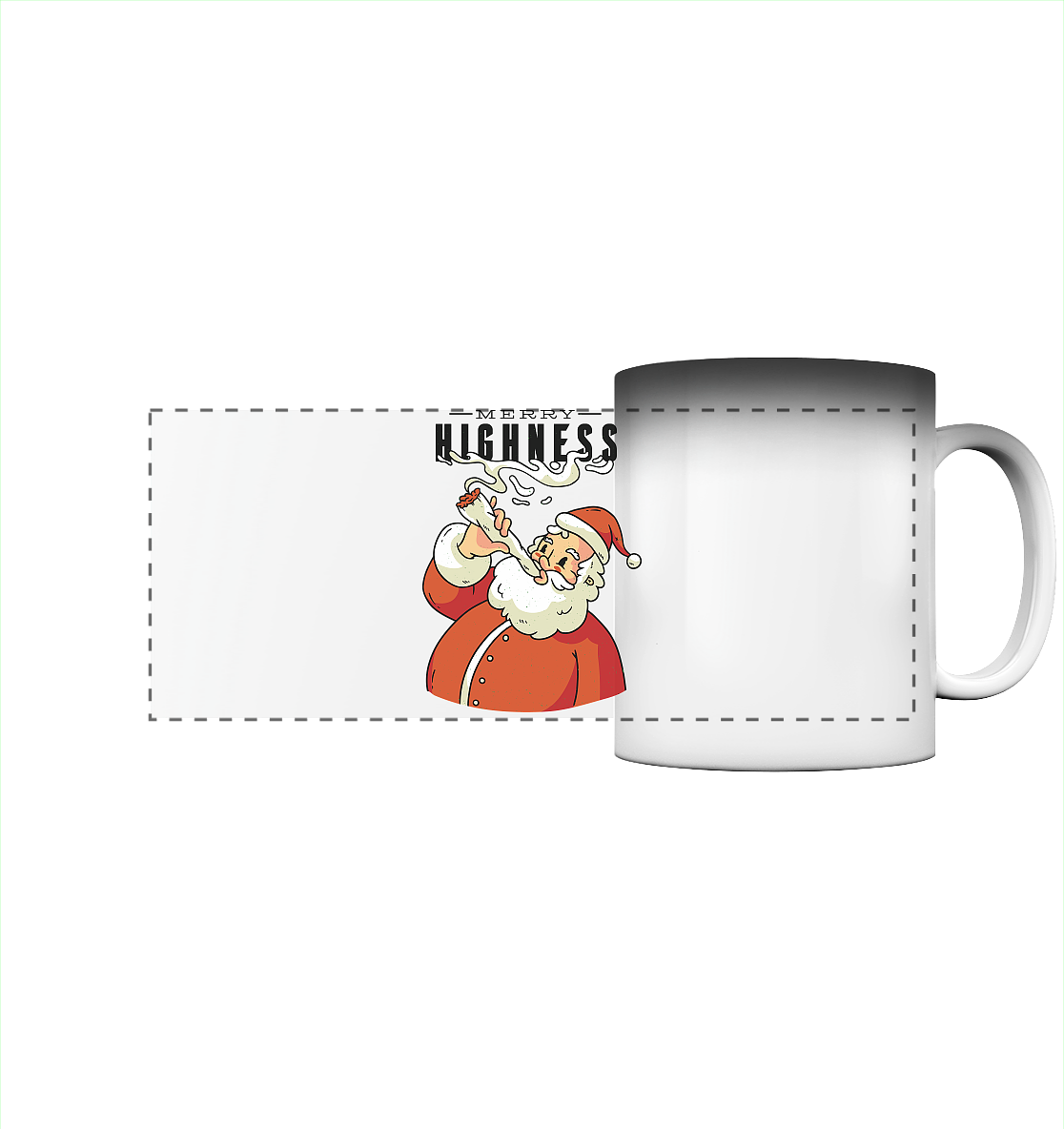 Ein weihnachtliches Motiv mit einem kiffenden Weihnachtsmann Nikolaus Merry Highness - Panorama Magic Mug