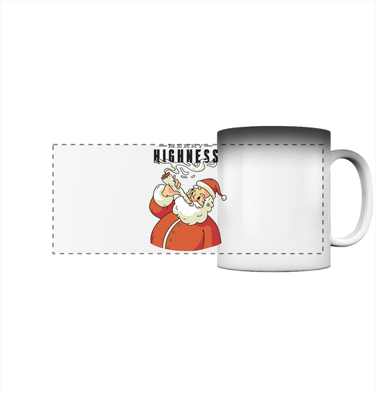 Ein weihnachtliches Motiv mit einem kiffenden Weihnachtsmann Nikolaus Merry Highness - Panorama Magic Mug