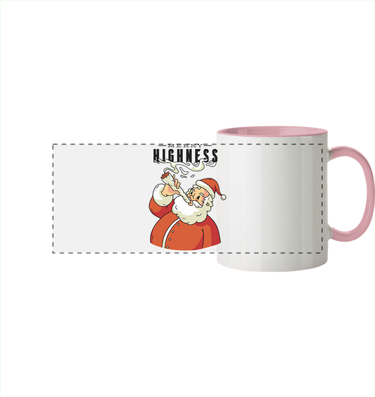 Ein weihnachtliches Motiv mit einem kiffenden Weihnachtsmann Nikolaus Merry Highness - Panorama Tasse zweifarbig