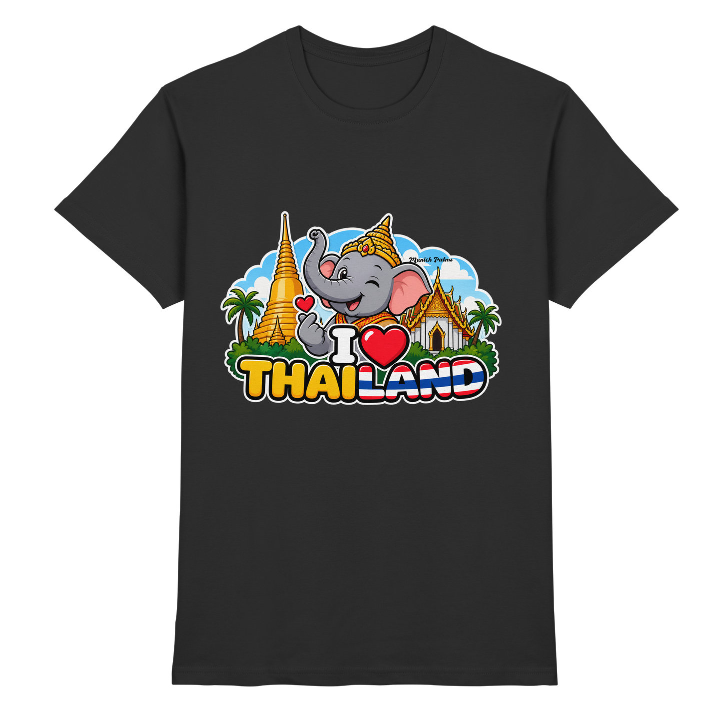 Lächelnder Elefant auf schwarzem Unisex-Shirt mit Thailand-Motiv, exklusives Munich Palms Design, Premium-Qualität