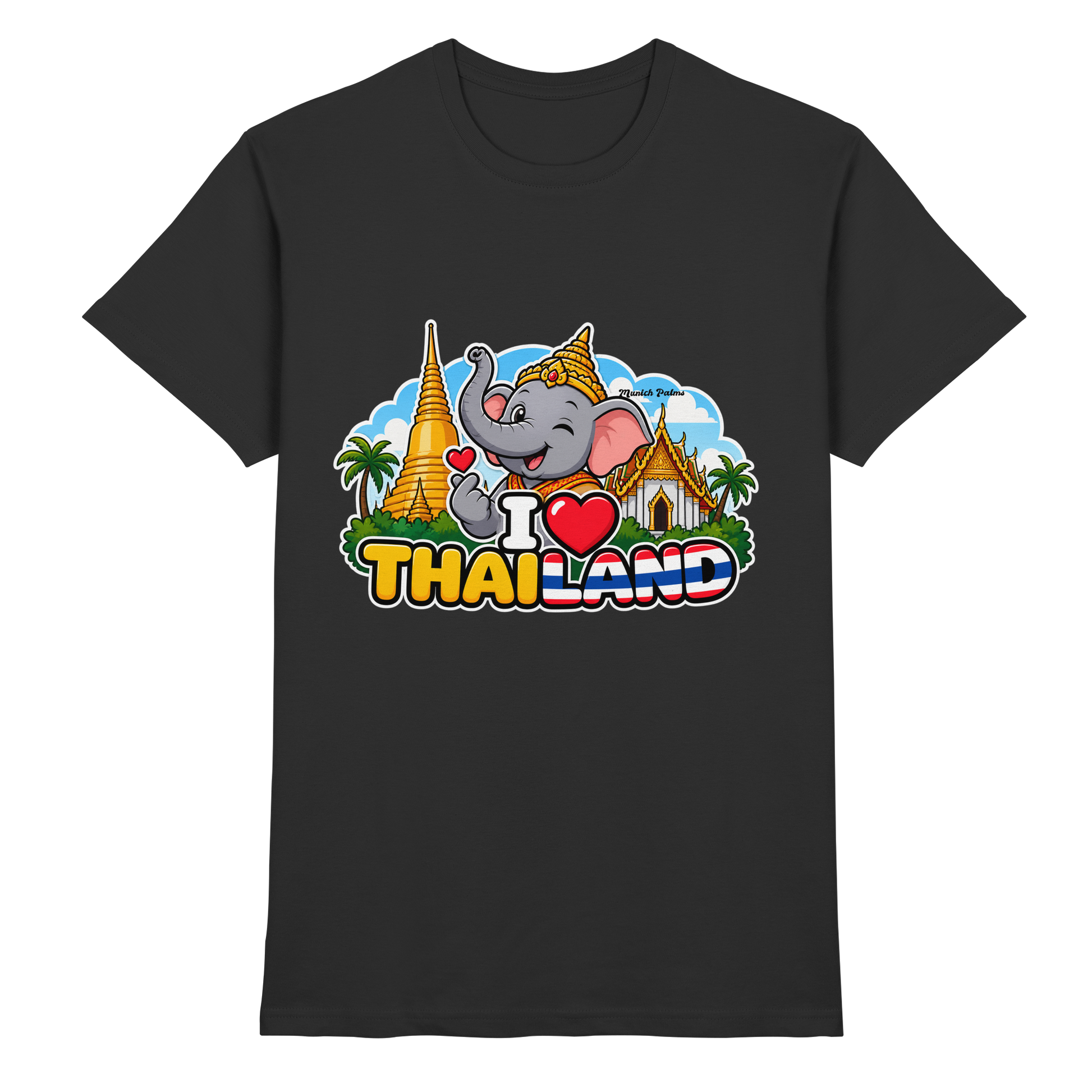 Lächelnder Elefant auf schwarzem Unisex-Shirt mit Thailand-Motiv, exklusives Munich Palms Design, Premium-Qualität