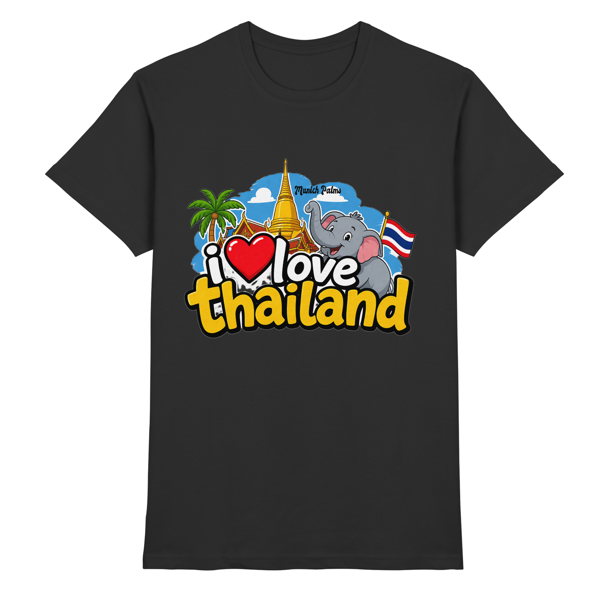 Schwarzes Unisex-T-Shirt mit "I love Thailand" Aufdruck, hochwertiges Premium-Shirt von Online Kaufhaus München.