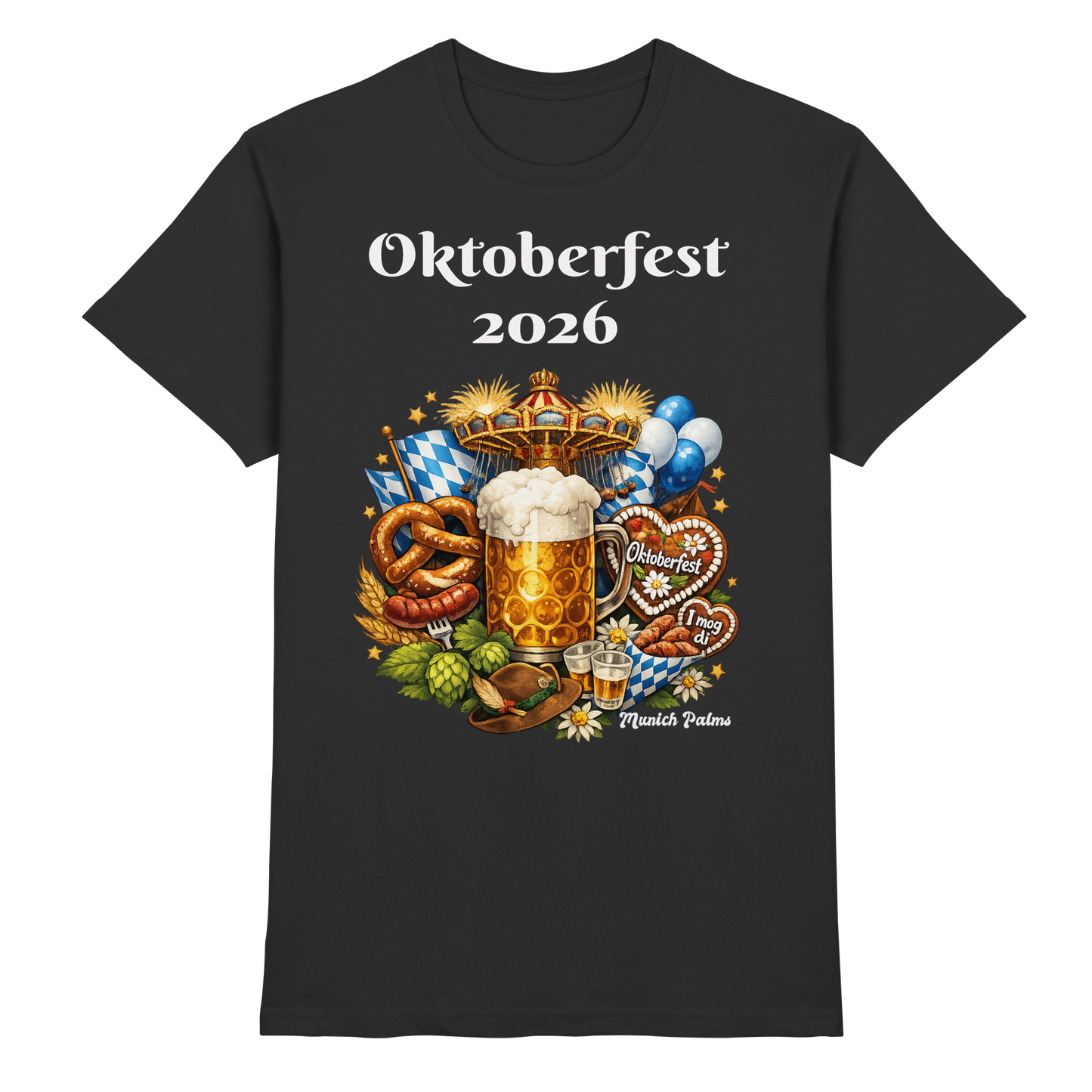Schwarzes Unisex-Shirt mit Oktoberfest 2026 München Design, Premium Qualität, Frontansicht, von Online Kaufhaus München