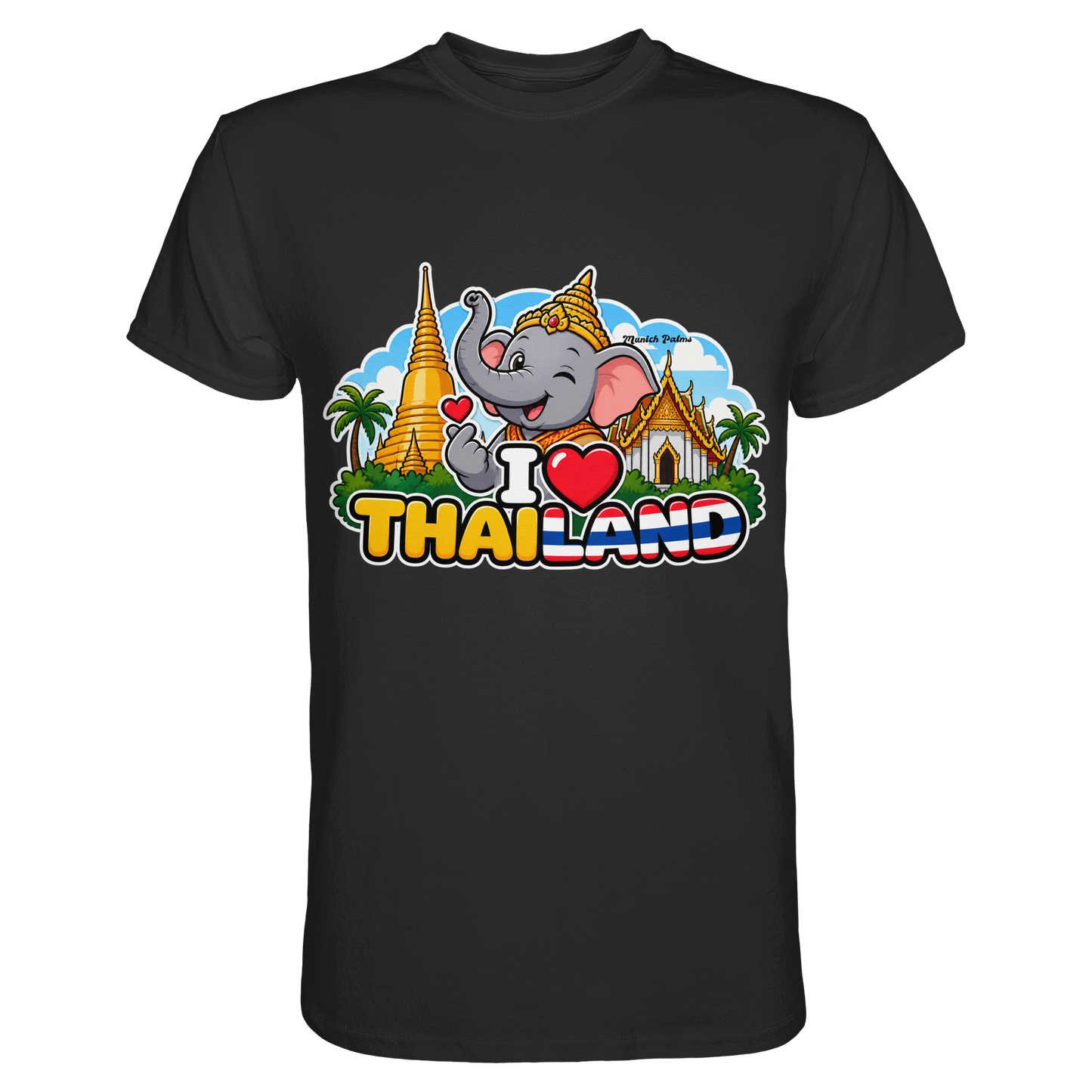 Schwarzes Unisex-Shirt mit I Love Thailand Elefanten-Design und Munich Palms Muster, hochwertiges Premium-Shirt.