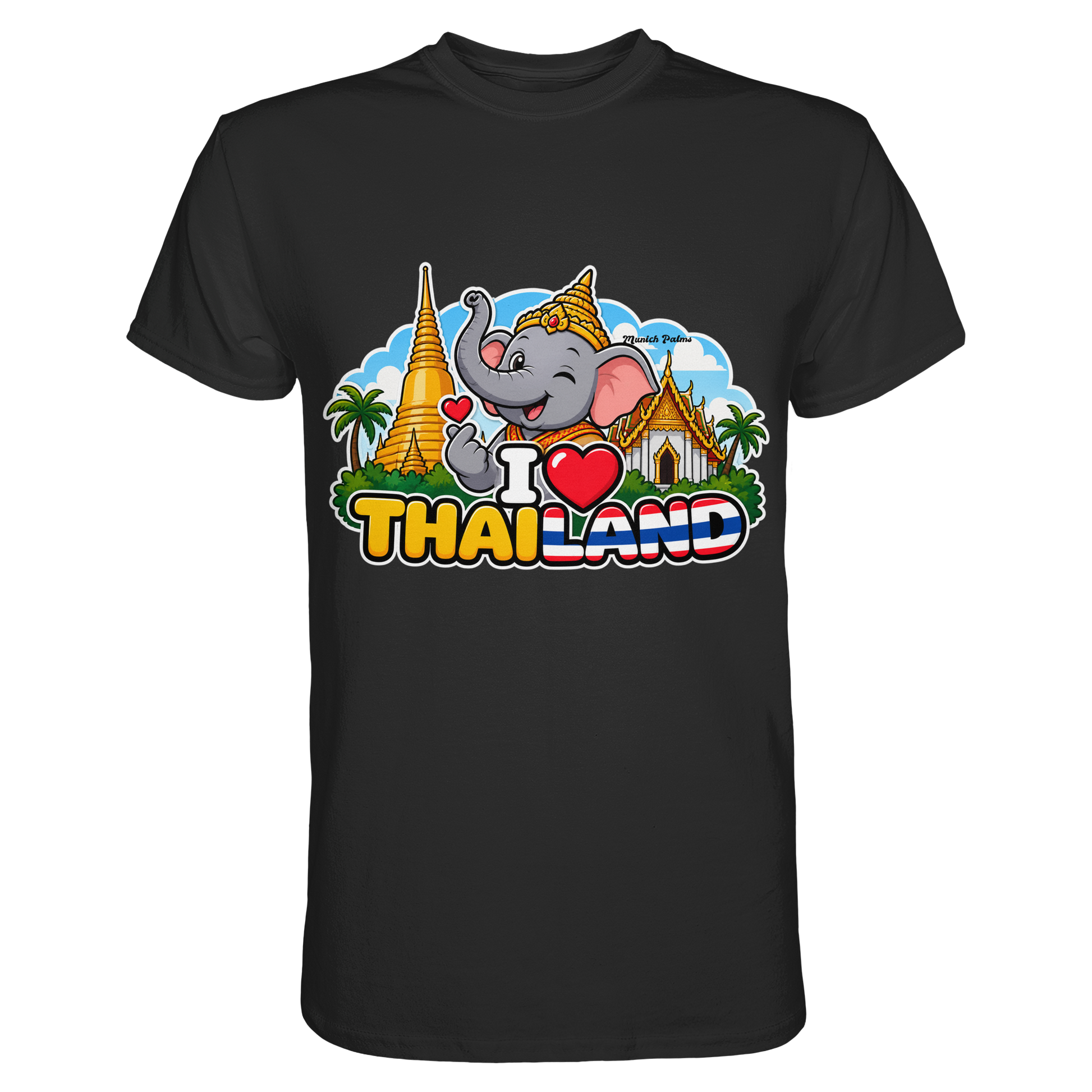 Schwarzes Unisex-Shirt mit I Love Thailand Elefanten-Design und Munich Palms Muster, hochwertiges Premium-Shirt.