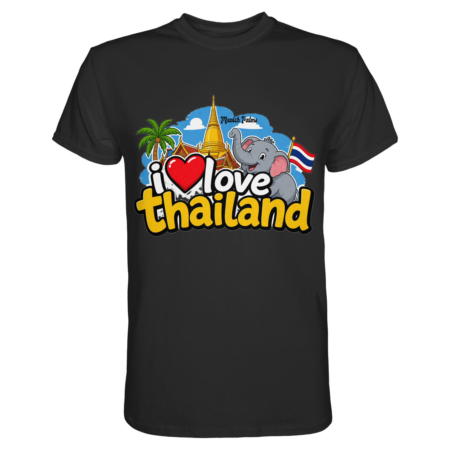 Unisex Premium-Shirt „I love Thailand“ in Schwarz, sichtbare Vorderseite, bequemes Design, hochwertiger Stoff.