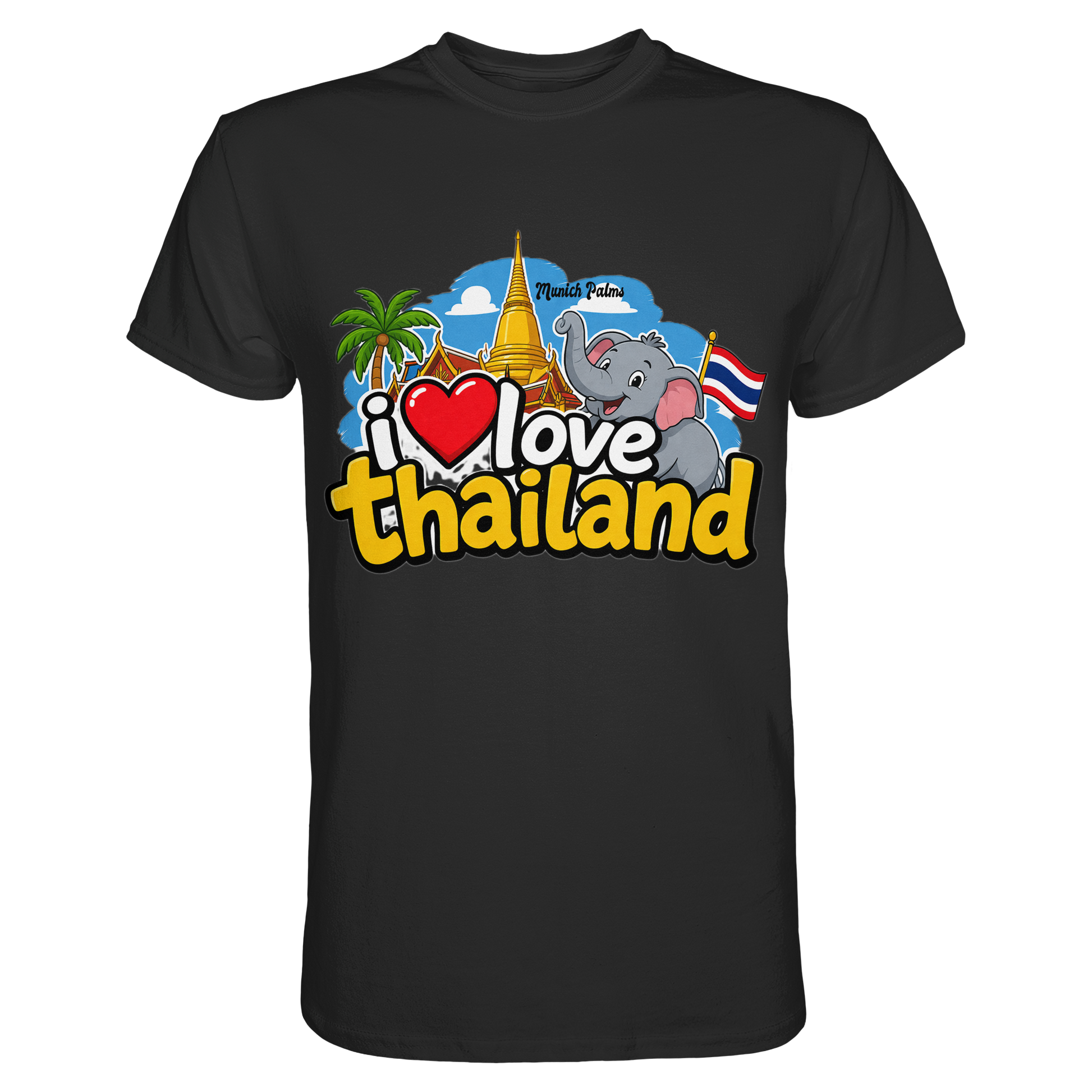 Unisex Premium-Shirt „I love Thailand“ in Schwarz, sichtbare Vorderseite, bequemes Design, hochwertiger Stoff.