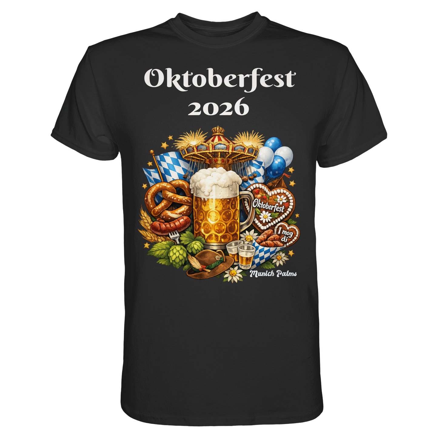 Schwarzes Unisex-Shirt mit Oktoberfest 2026 München Design, Premium Qualität, Frontansicht, von Online Kaufhaus München.