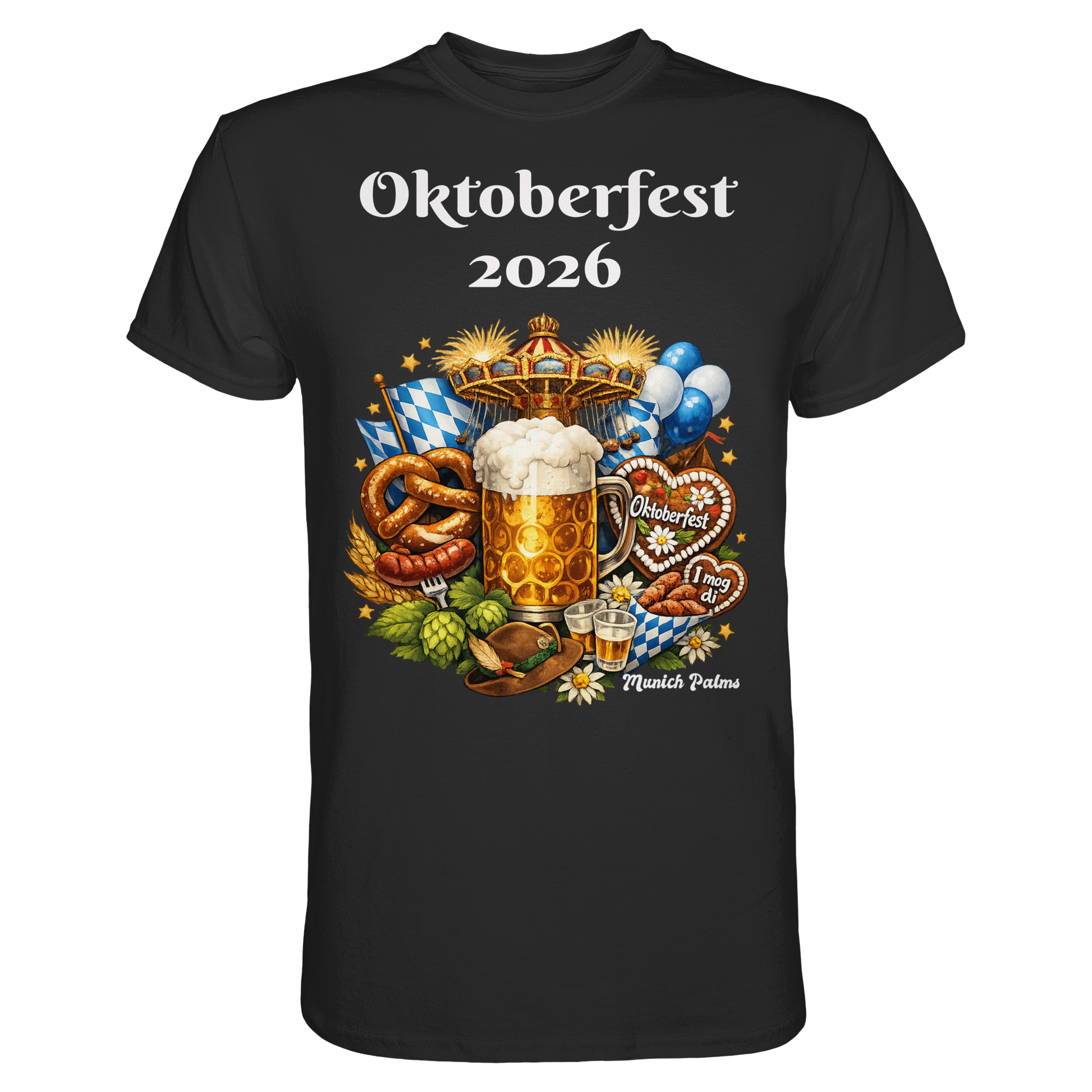 Schwarzes Unisex-Shirt mit Oktoberfest 2026 München Design, Premium Qualität, Frontansicht, von Online Kaufhaus München.
