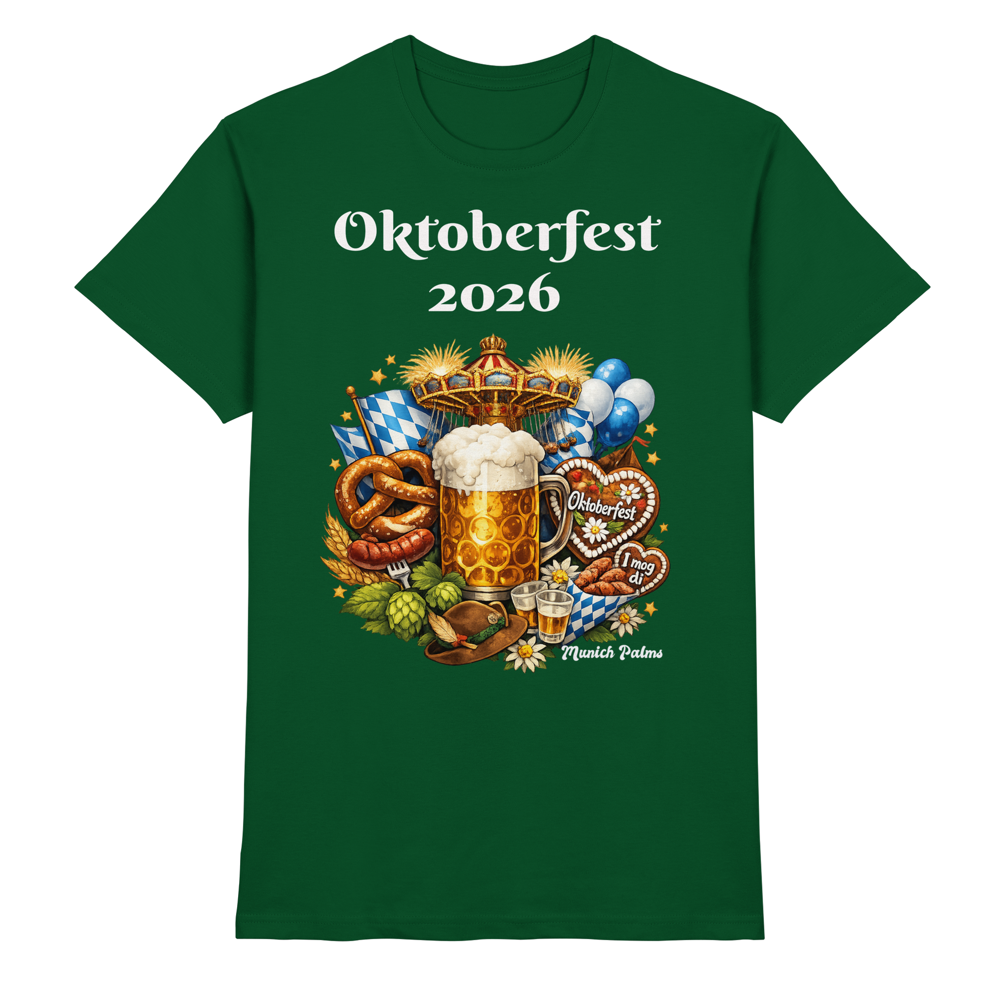 Unisex-Oktoberfest 2026 München Premium Shirt in Flaschengrün mit Oktoberfest-Design, frontale Ansicht