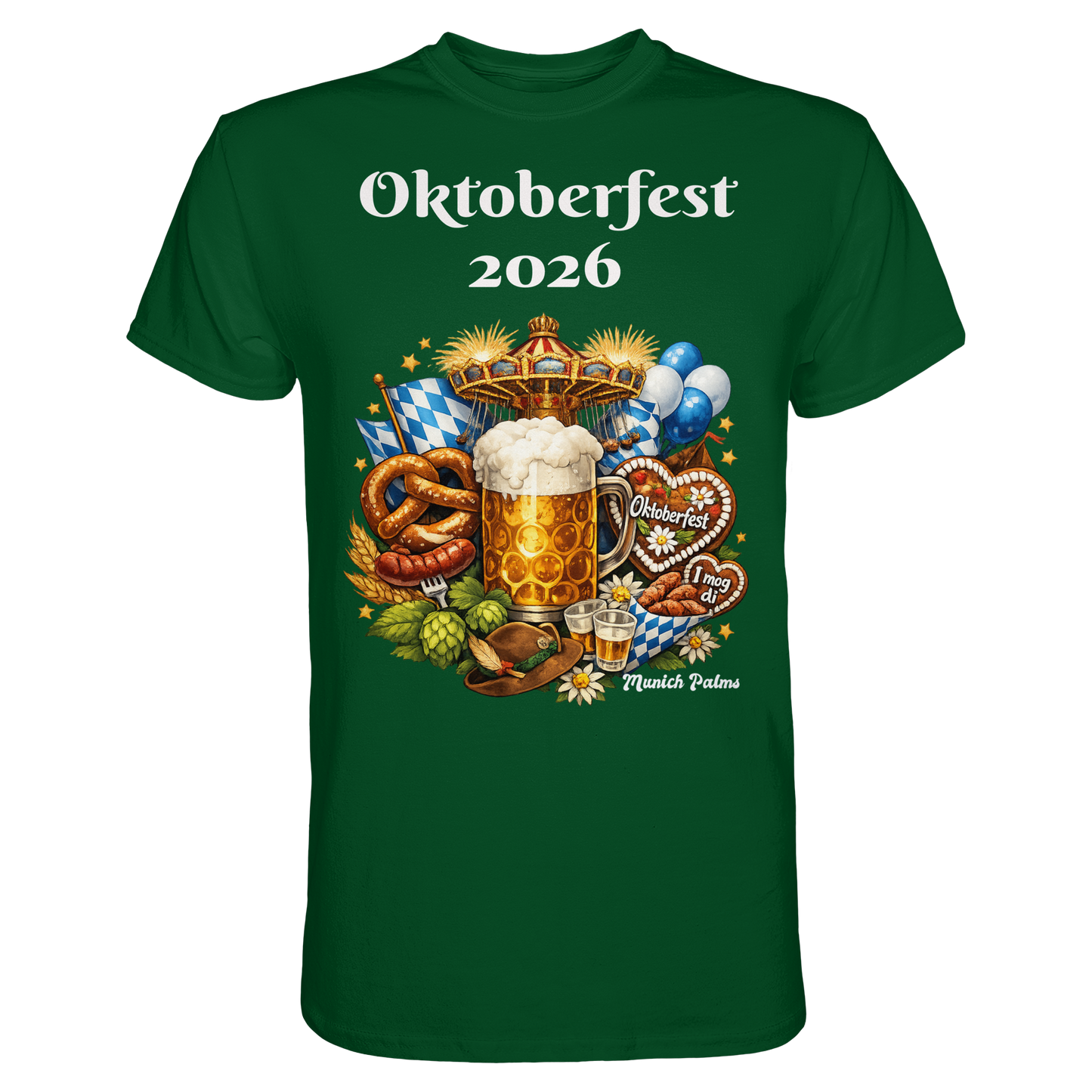Unisex-Oktoberfest 2026 München Premium-Shirt in Flaschengrün, mit festlichem Design, vorne sichtbar.