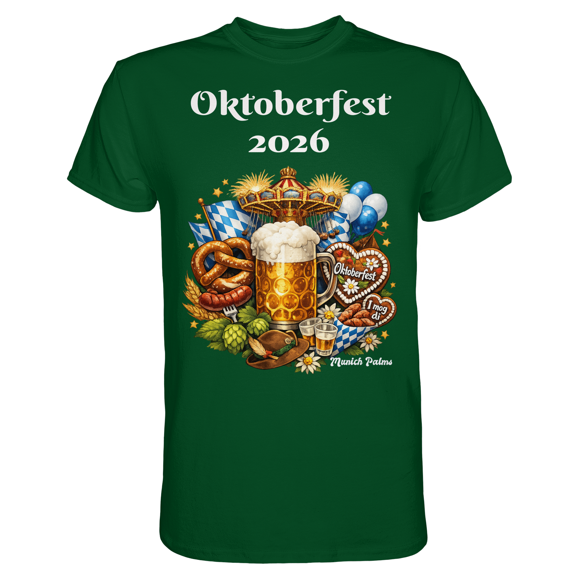 Unisex-Oktoberfest 2026 München Premium-Shirt in Flaschengrün, mit festlichem Design, vorne sichtbar.