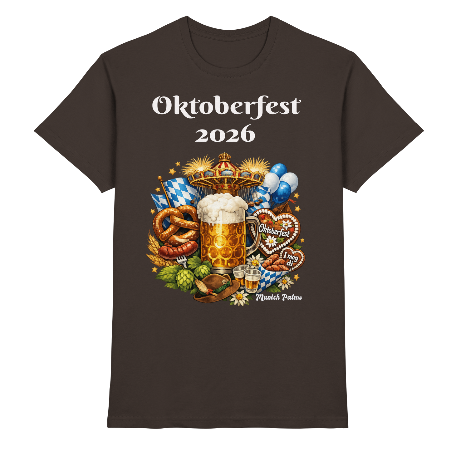 Herren- und Damen-Unisex-Shirt mit Oktoberfest 2026 München Design, braune Premium-Qualität, Frontansicht